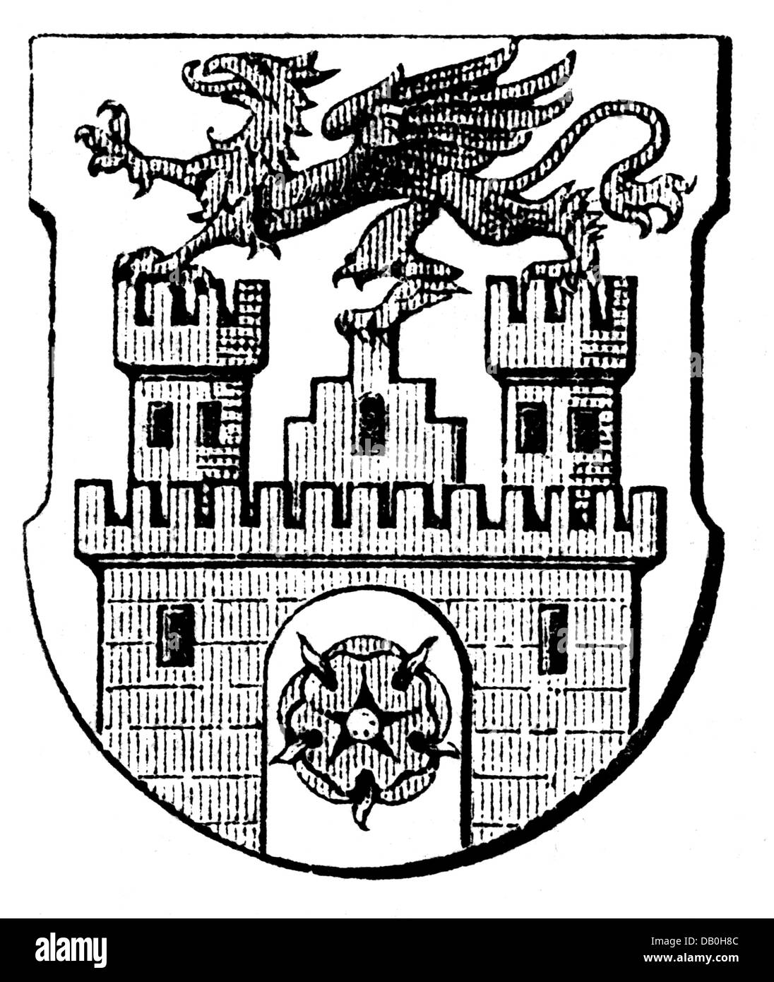 heraldry, coat of arms, Poland, city arms, Pyrzyce, wood engraving, 1893, Additional-Rights-Clearences-Not Available Stock Photo