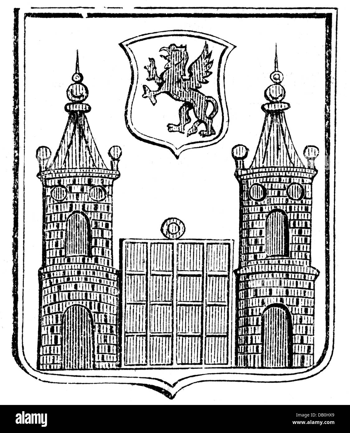 heraldry, coat of arms, Germany, city arms, Schwedt, wood engraving, 1875, Additional-Rights-Clearences-Not Available Stock Photo