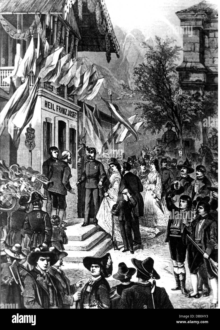 festivities, marksmen's festival, marksmen's festival in Merano, reception of emperor Franz Joseph and empress Elizabeth, after drawing of Franz Kollarz, wood engraving, 1871, Additional-Rights-Clearences-Not Available Stock Photo