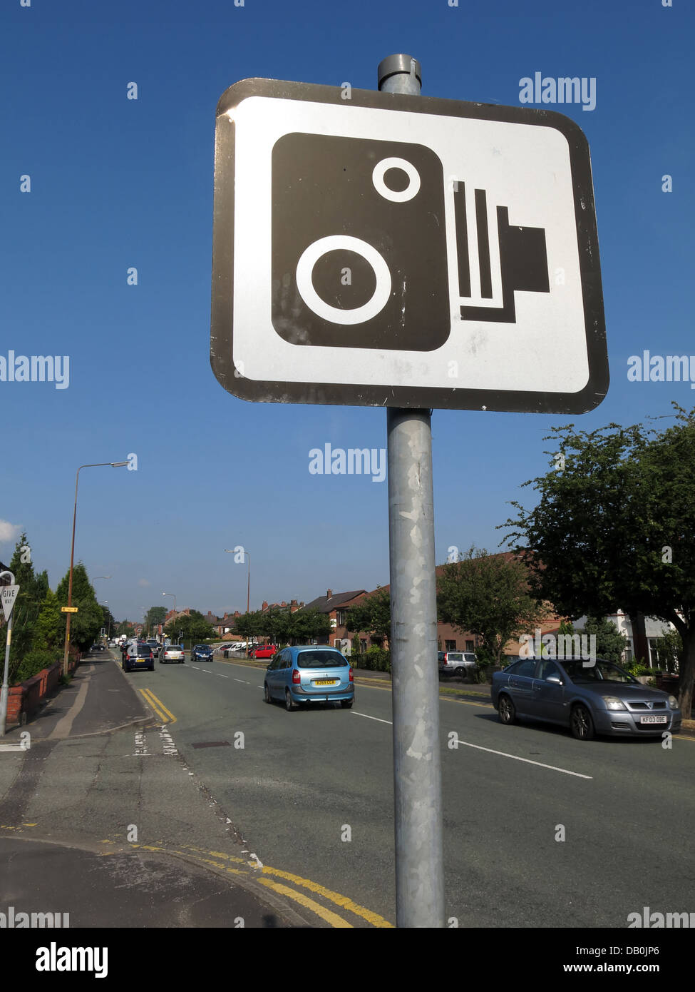 British speed camera sign in front of a summer blue sky, on the A50 main road Stock Photo