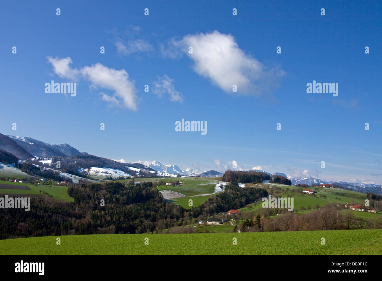 Alpine village and snow covered Großer Priel, highest mountain in Austrian mountain range of Totes Gebirge, Alps, Upper Austria Stock Photo