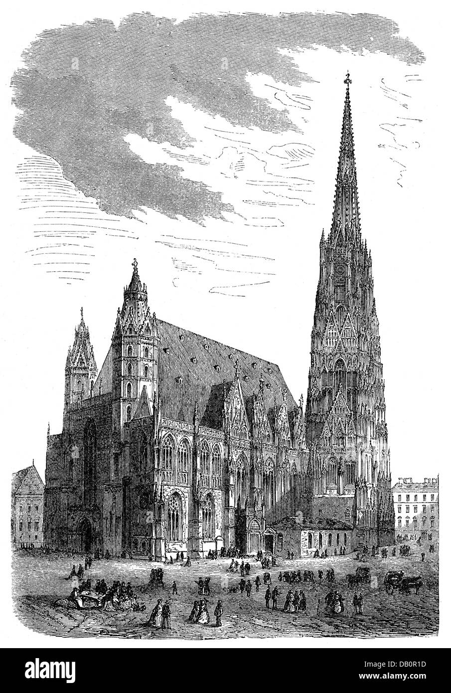 geography / travel, Austria, Vienna, churches, St. Stephan's Cathedral, exterior view, wood engraving, late 19th century, Saint Stephen, cathedral, cathedrals, Catholic Church, religion, religions, Christianity, people, transport, transportation, inner city, midtown, city centre, town centre, urban core, 1st district, Austria-Hungary, Austria - Hungary, Dual-Monarchy, Cisleithania, Central Europe, historic, historical, Additional-Rights-Clearences-Not Available Stock Photo