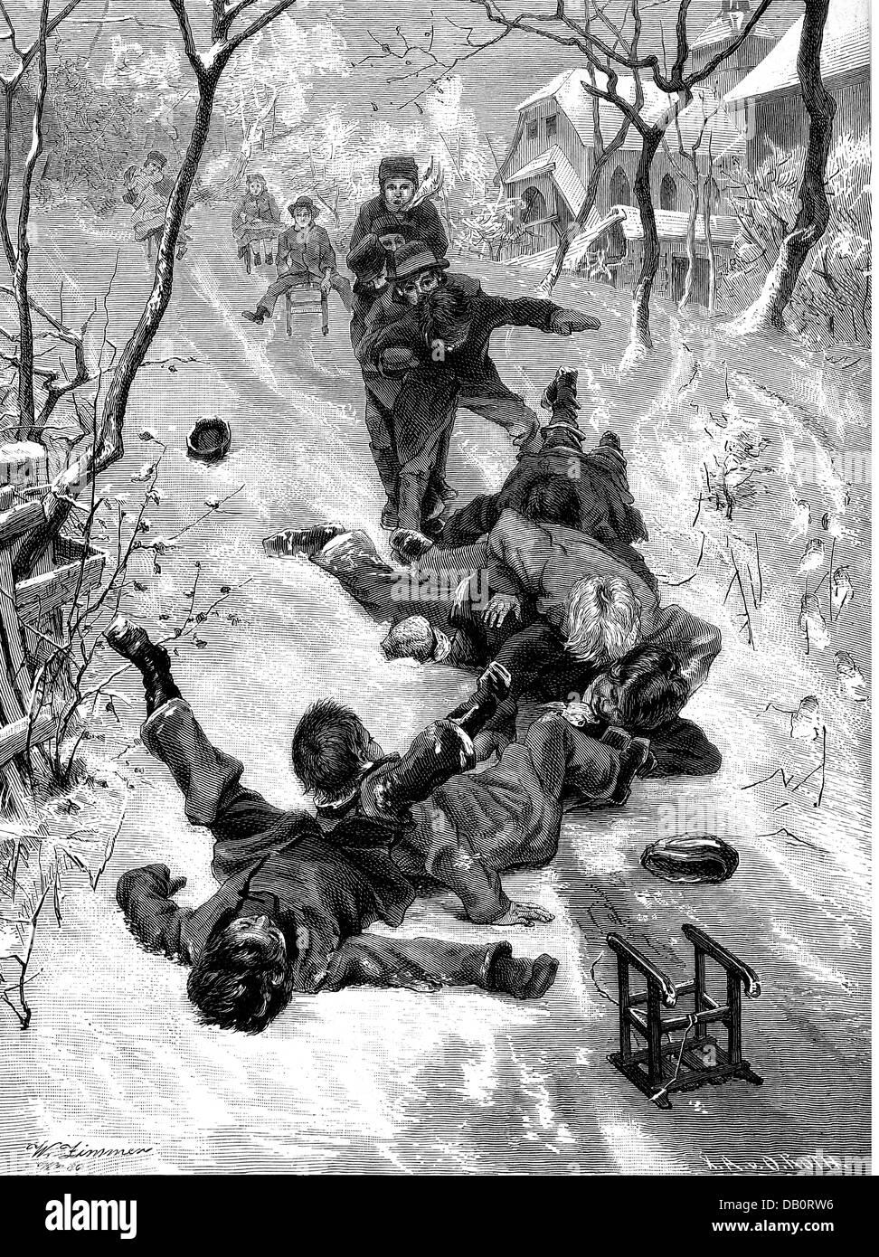 leisure, winter sports, children tobogganing, after painting, by Wilhelm Zimmer (1853 - 1937), wood engraving, by O.Roth, circa 1890, Additional-Rights-Clearences-Not Available Stock Photo