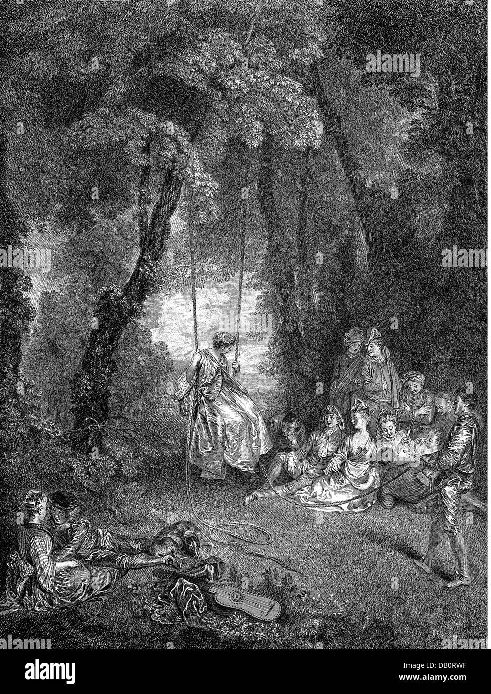 leisure, pleasures of summer, after painting, by Antoine Watteau (1684 - 1721), copper engraving, by Francois Joullain (1697 - 1778), 1731 / 1732, Artist's Copyright has not to be cleared Stock Photo