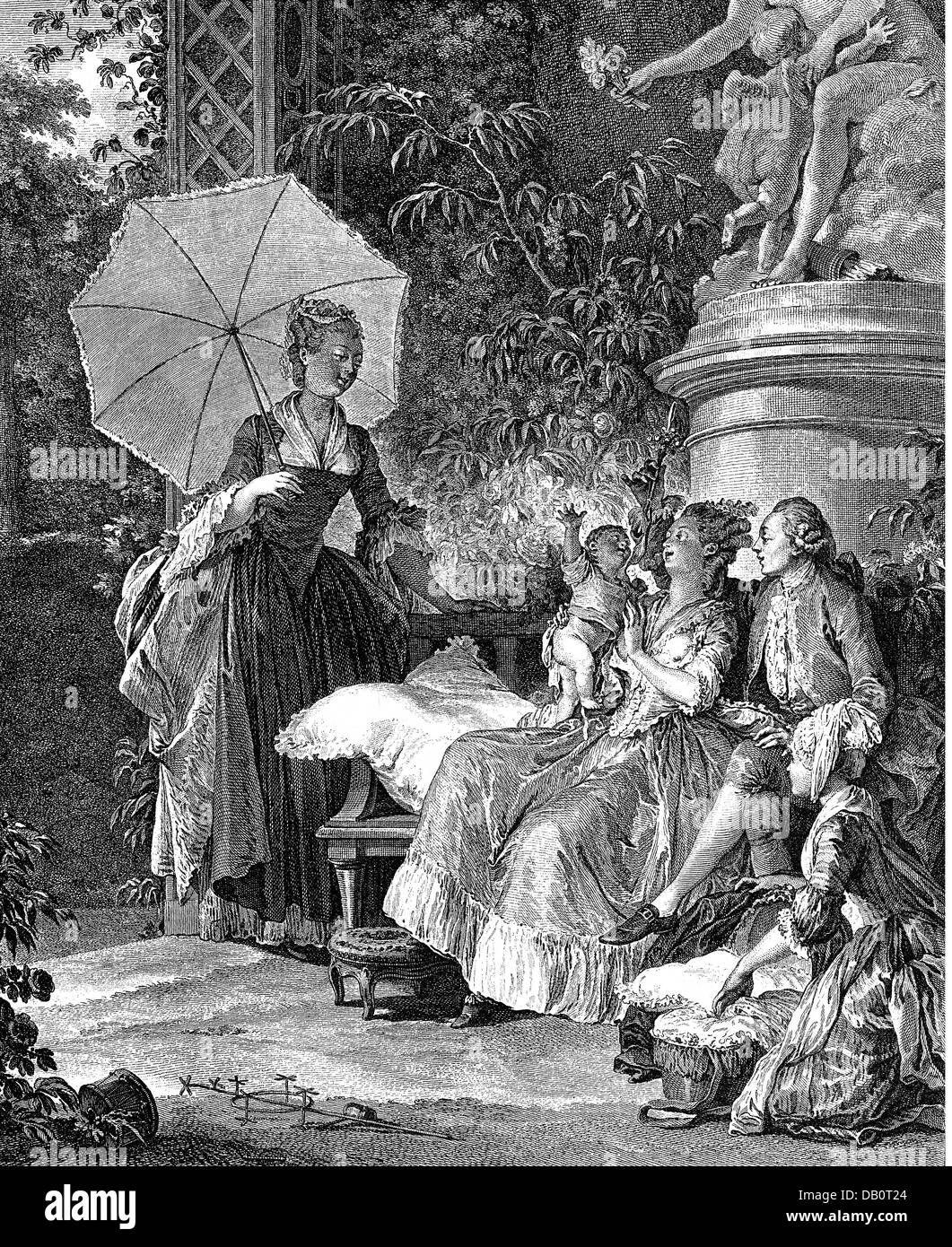 family, 'The Joys of Motherhood' (Les Delices de la Maternite), father and mother with child, copper engraving, by Jean-Michel Moreau the Younger (1741 - 1814), from the cycle 'Monument du Costume Physique et Morale', 1773 - 1783, Artist's Copyright has not to be cleared Stock Photo