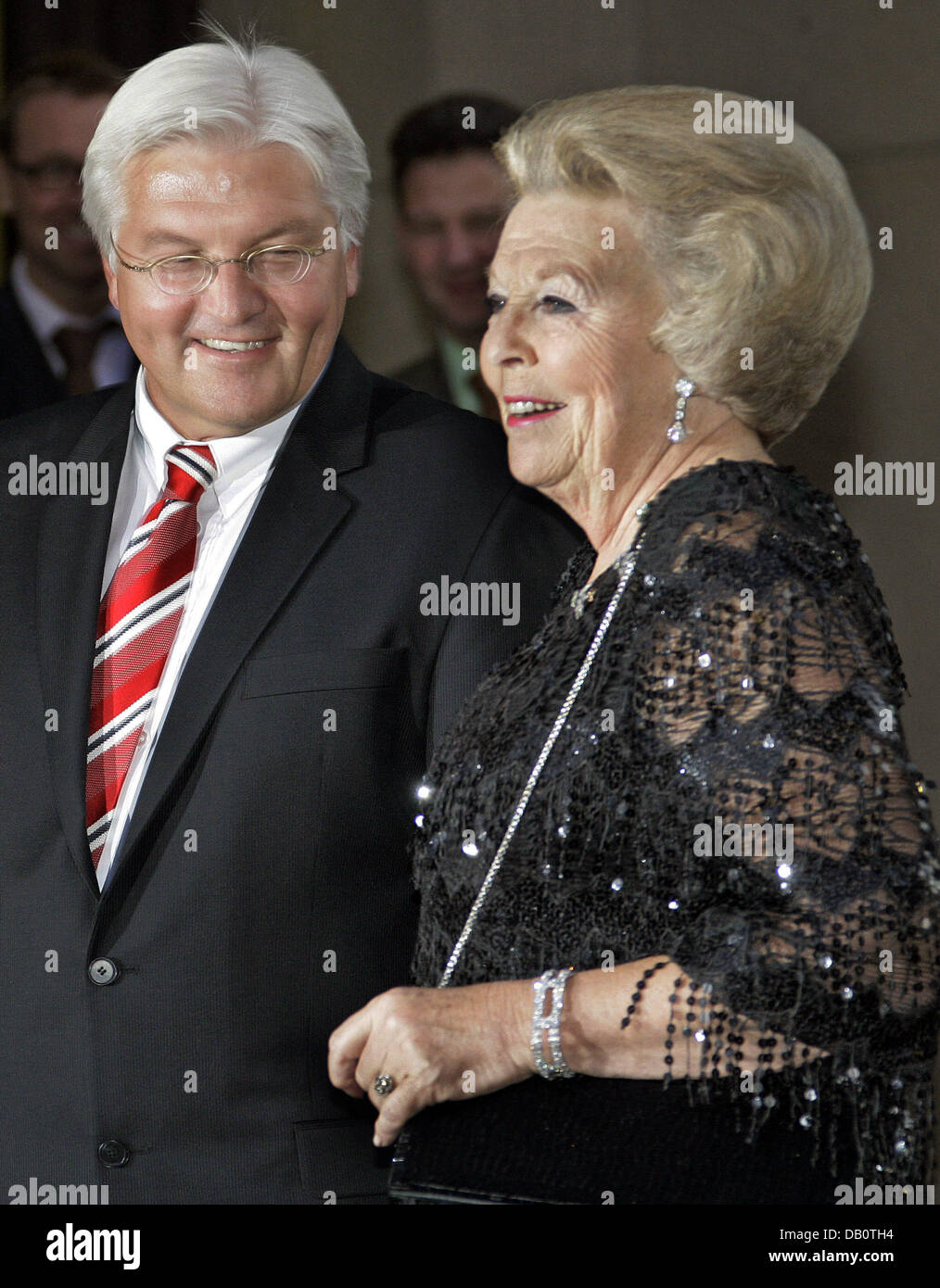 Queen Beatrix of the Netherlands (R) is welcomed by German Foreign Minister Frank-Walter Steinmeier (L) to the international gala evening introducing the Centre for European Studies in Berlin, Germany, 24 September 2007. The German Foreign Office invited numerous celebrities to the event the hosted Queen Beatrix as Guest of Honour. Having paid a visit Berlin already several times,  Stock Photo