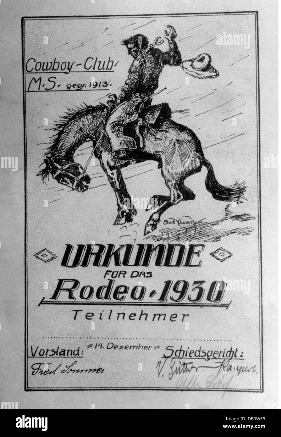 leisure, western cultural association, Cowboy-Club-München 1913 e.V., certificate for the participants of the rodeo on 14.12.1930, design: A.Rott, 1930, 20th century, 1930s, 30s, document, documents, certificate, certificates, rodeo, cowboy, buckaroo, vaquero, rider, riders, riding, riding, horse, horses, award, awards, Cowboy-Club-Muenchen, Cowboy-Club-München, Cowboy-Club-Munchen, Cowboy - Club - Muenchen, Cowboy - Club - München, Cowboy - Club - Munchen, historic, historical, people, Additional-Rights-Clearences-Not Available Stock Photo