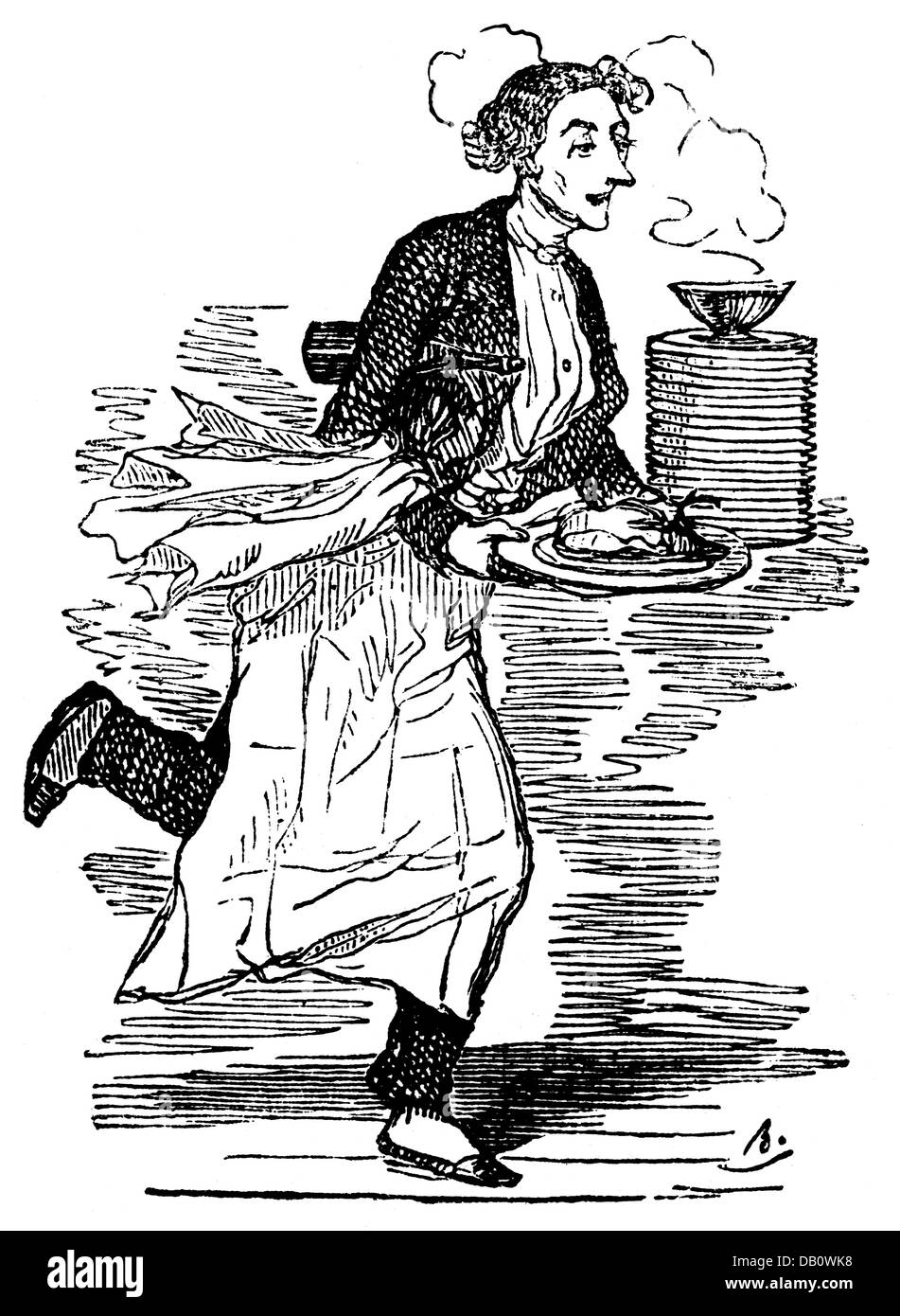 gastronomy, employees / service, waiter, wood engraving, by Bertall (1820 - 1882), 19th century, 19th century, graphic, graphics, France, restaurant, restaurants, waiter, waiters, full length, clothes, outfit, outfits, suit, suits, apron, aprons, cloth, cloths, carrying, carry, bottle, bottles, plate, plates, steam, steaming, occupation, occupations, work, works, speed, quickness, swiftness, fastness, speediness, quickly, swiftly, fast, swift, historic, historical, male, man, people, men, Additional-Rights-Clearences-Not Available Stock Photo