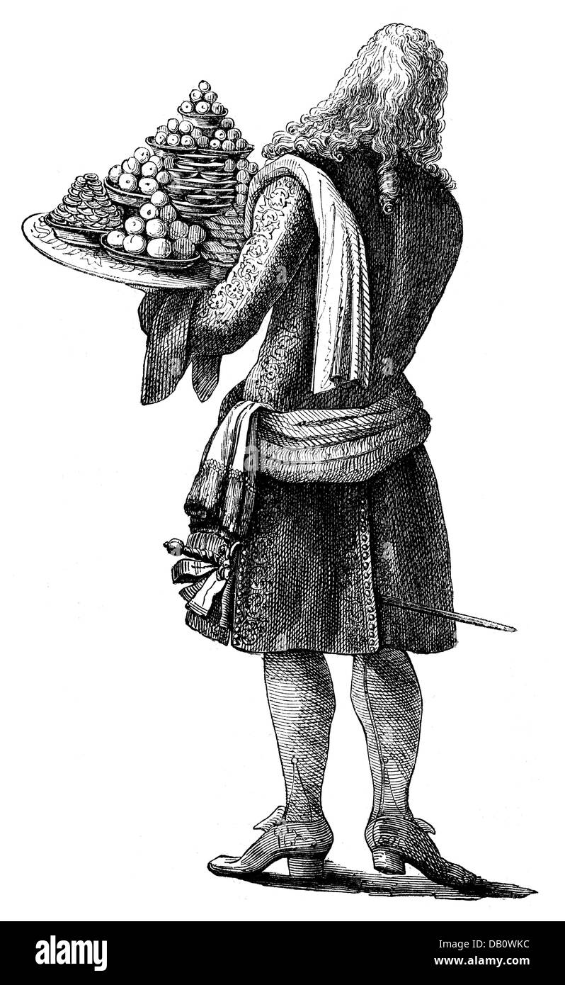 gastronomy,employees / service,servant with pastries at court ball of king Louis XIV of France,after illustrated calendar,engraving,17th century,17th century,graphic,graphics,France,waiter,waiters,full length,rear view,rear views,clothes,outfit,outfits,periwig,periwigs,wig,wigs,jacket,jackets,knee breeches,carrying,carry,tray,trays,plate,plates,cakes,biscuits,cookies,pastry,pastries,baked goods,bakery products,occupation,occupations,work,works,baroque,festivals,balls,court festival,court celebration,court ball,his,Additional-Rights-Clearences-Not Available Stock Photo