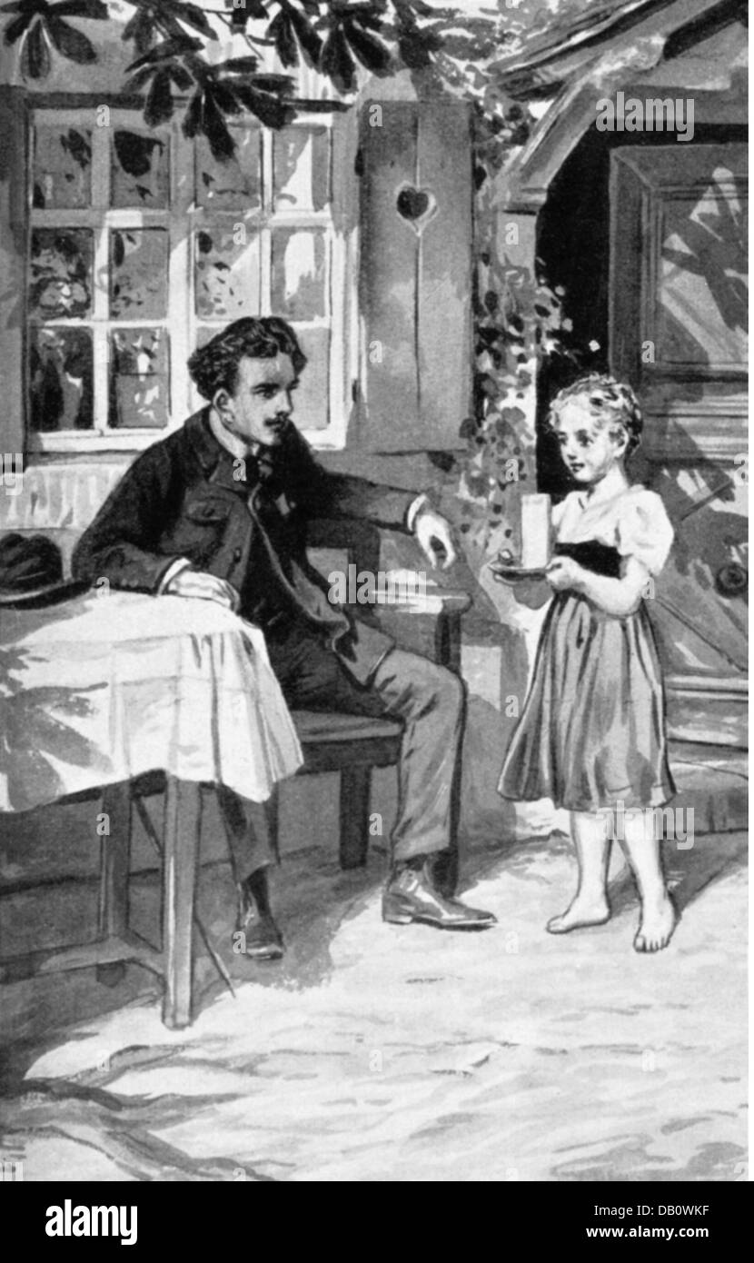 gastronomy, employees / service, girl serving glass of milk to guest, wood engraving, 19th century, 19th century, graphic, graphics, restaurant, restaurants, restaurant destination, rural, rustic, half length, sitting, sit, table, tables, chair, chairs, guest, guests, carrying, carry, tray, trays, glass, glasses, beverage, beverages, drink, drinks, milk, barefoot, work, works, family business, historic, historical, male, man, child, female, girl, people, men, Additional-Rights-Clearences-Not Available Stock Photo