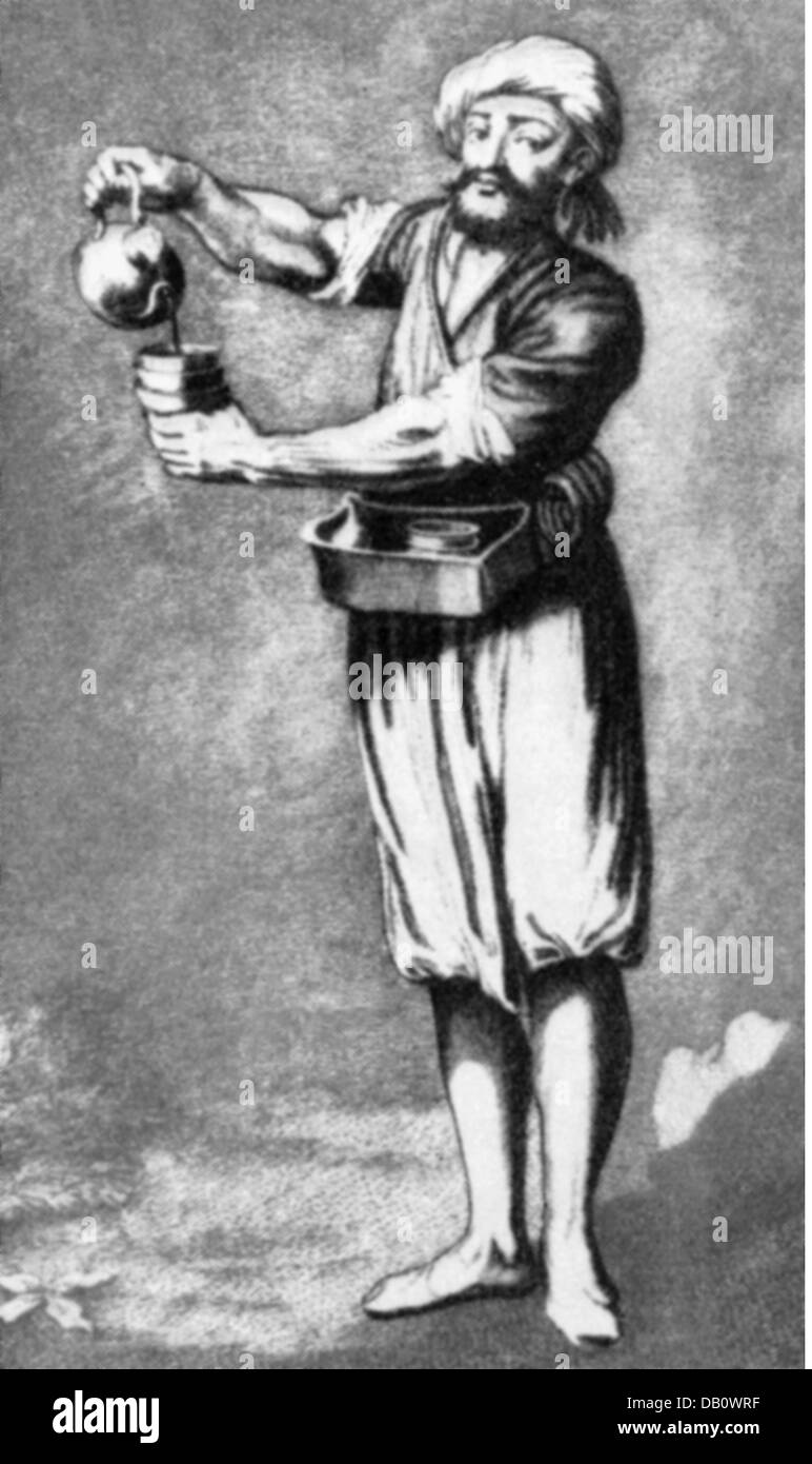 professions, Oriental coffee vendor, engraving, by G.Scotain, 19th century, 19th century, graphic, graphics, East, Orient, oriental, full length, standing, clothes, outfit, outfits, turban, turbans, beard, beards, harem pants, holding, hold, coffee pot, coffee pots, pour in, pouring in, poured in, pour, pouring, coffee, cup, cups, coffee mug, coffee mugs, beverage, beverages, drink, drinks, vendor, vender, vendors, venders, selling, sell, merchant, gastronomy, service, historic, historical, male, man, people, men, Additional-Rights-Clearences-Not Available Stock Photo