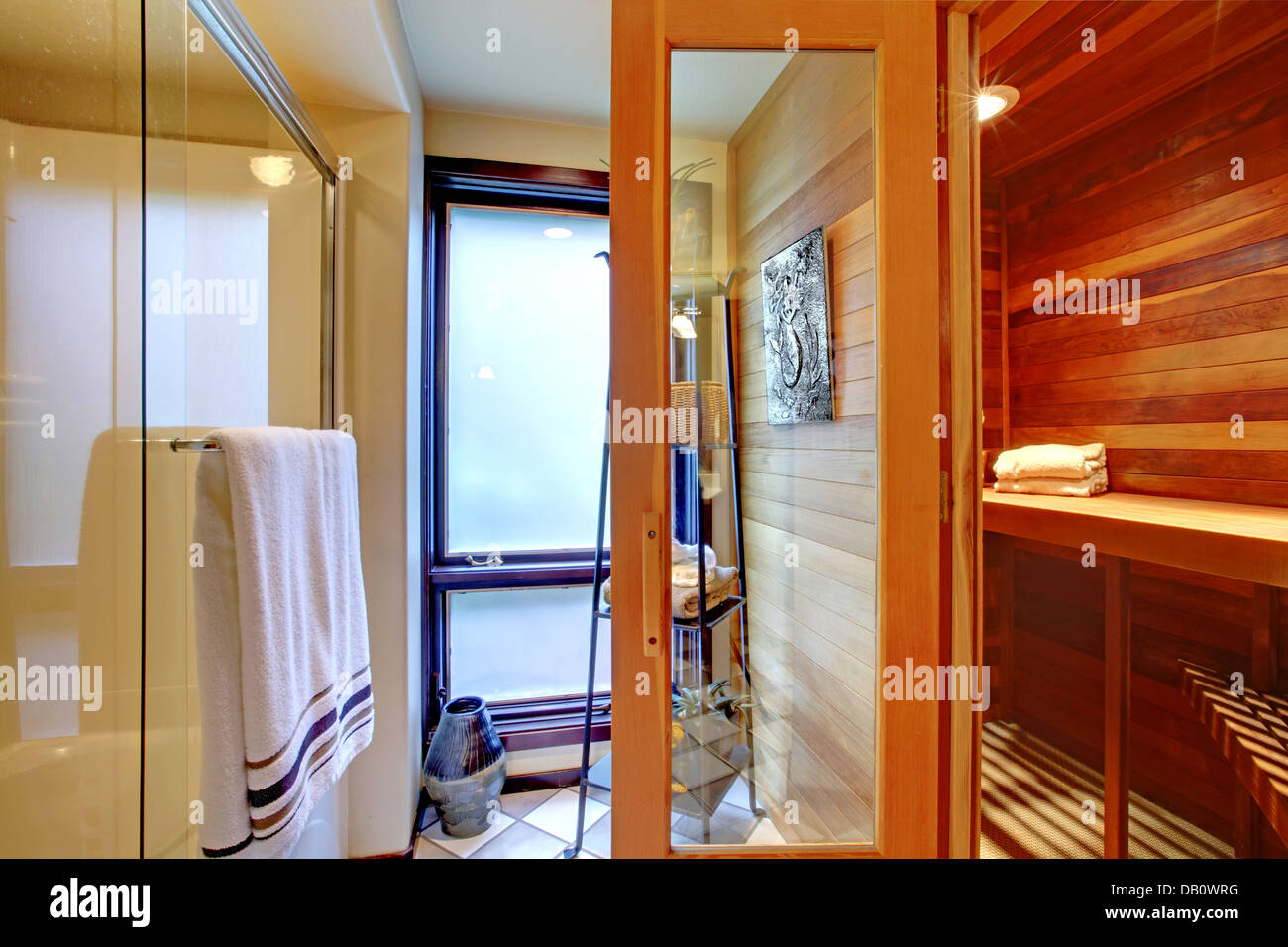 Home sauna interior with shower Stock Photo Alamy
