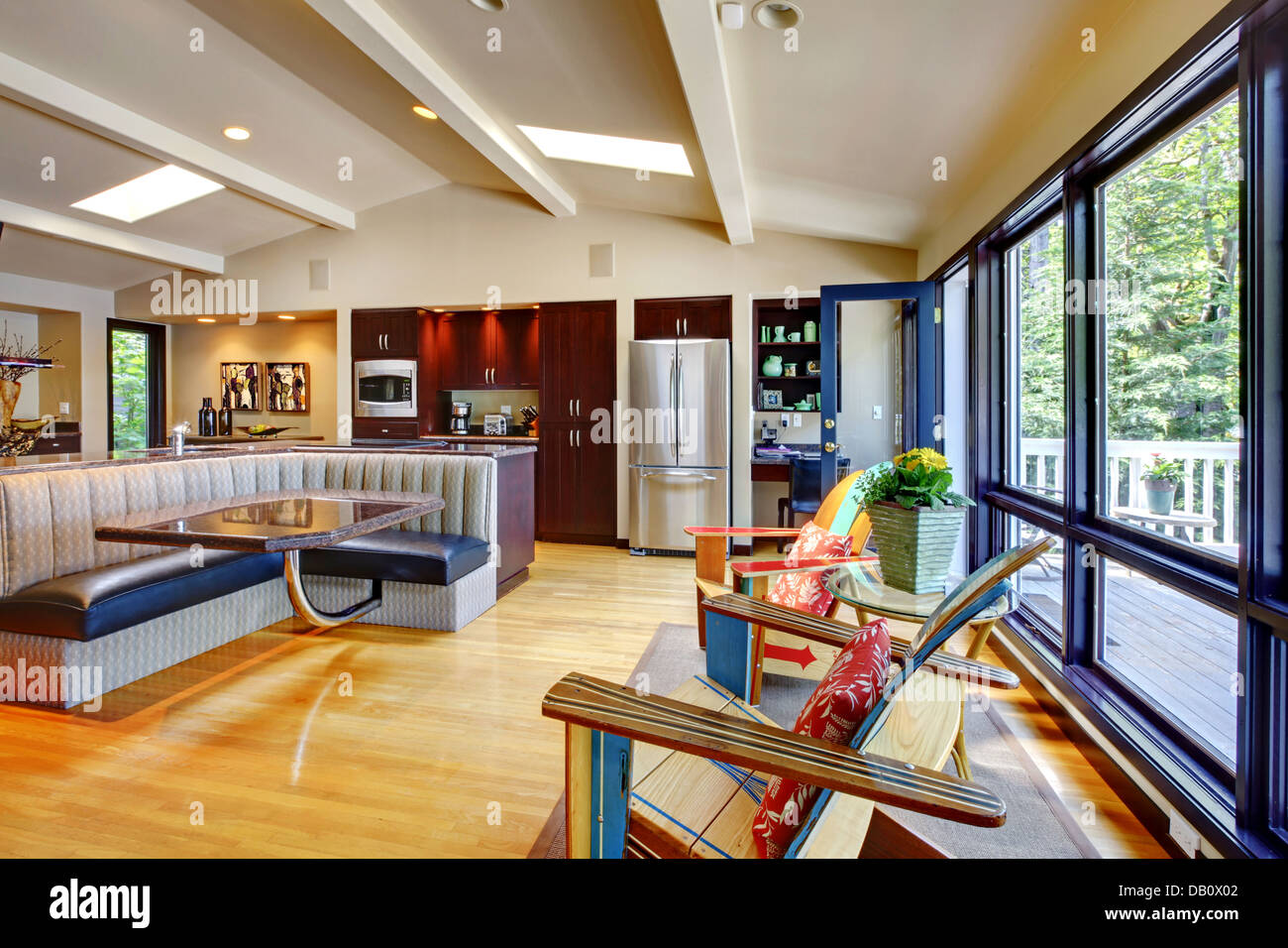 Open modern luxury home interior living room and kitchen Stock Photo