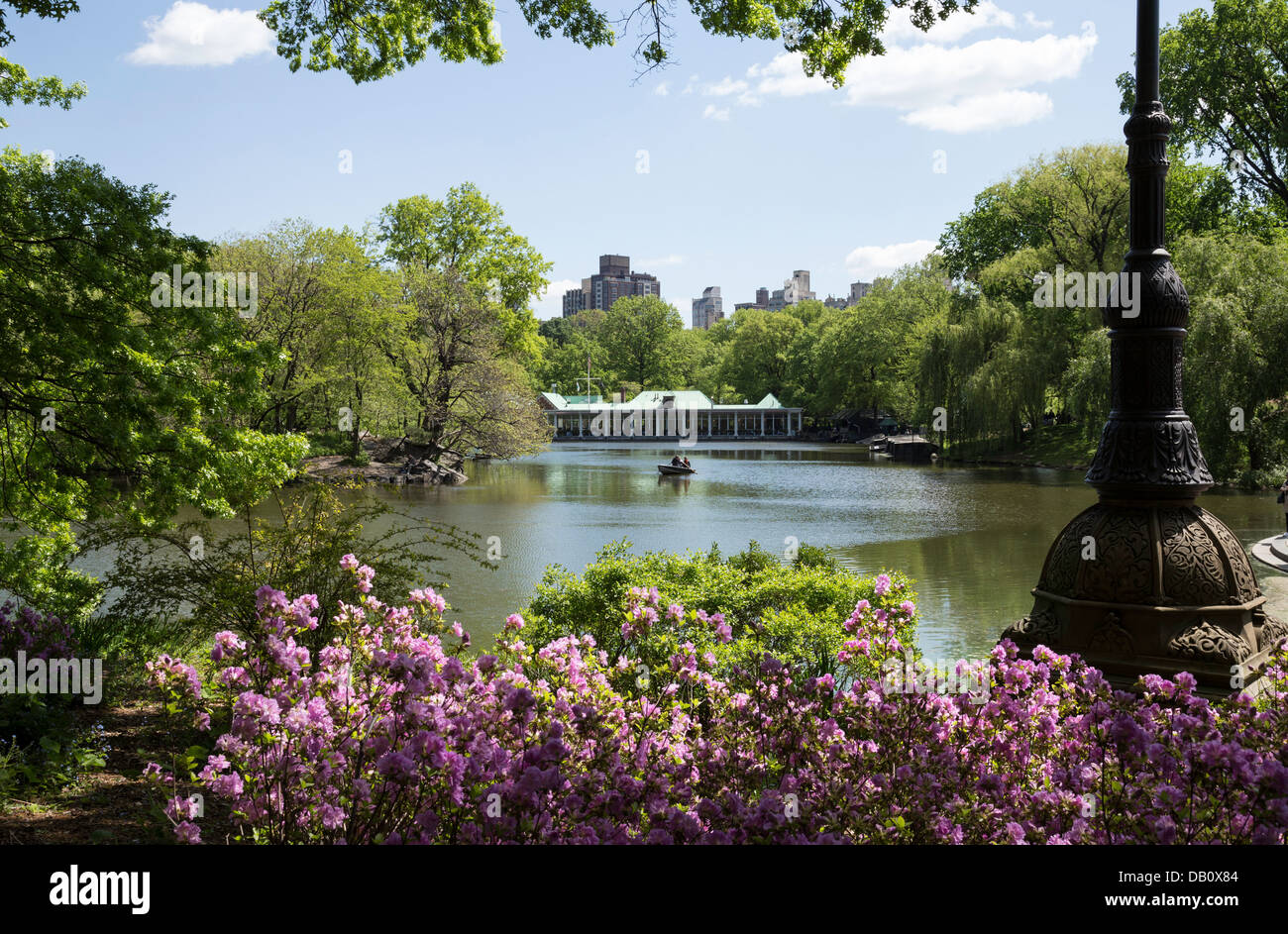 The Lake and Boathouse in Central Park, Springtime, NYC Stock Photo ...