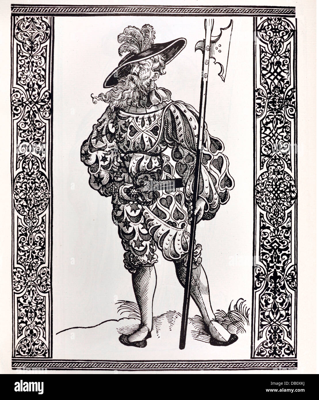 military, lansquenets, commissary of stores, 'Bastl Machenstreit' (Sebastian Troublemaker), full length, standing, woodcut, by David de Necker, circa 1540, from: Warriors of his Roman Imperial Majesty at the age of the lansquenets, edited by August Johann Count Breuner von Enkevoirt, Vienna 1883, Additional-Rights-Clearences-Not Available Stock Photo