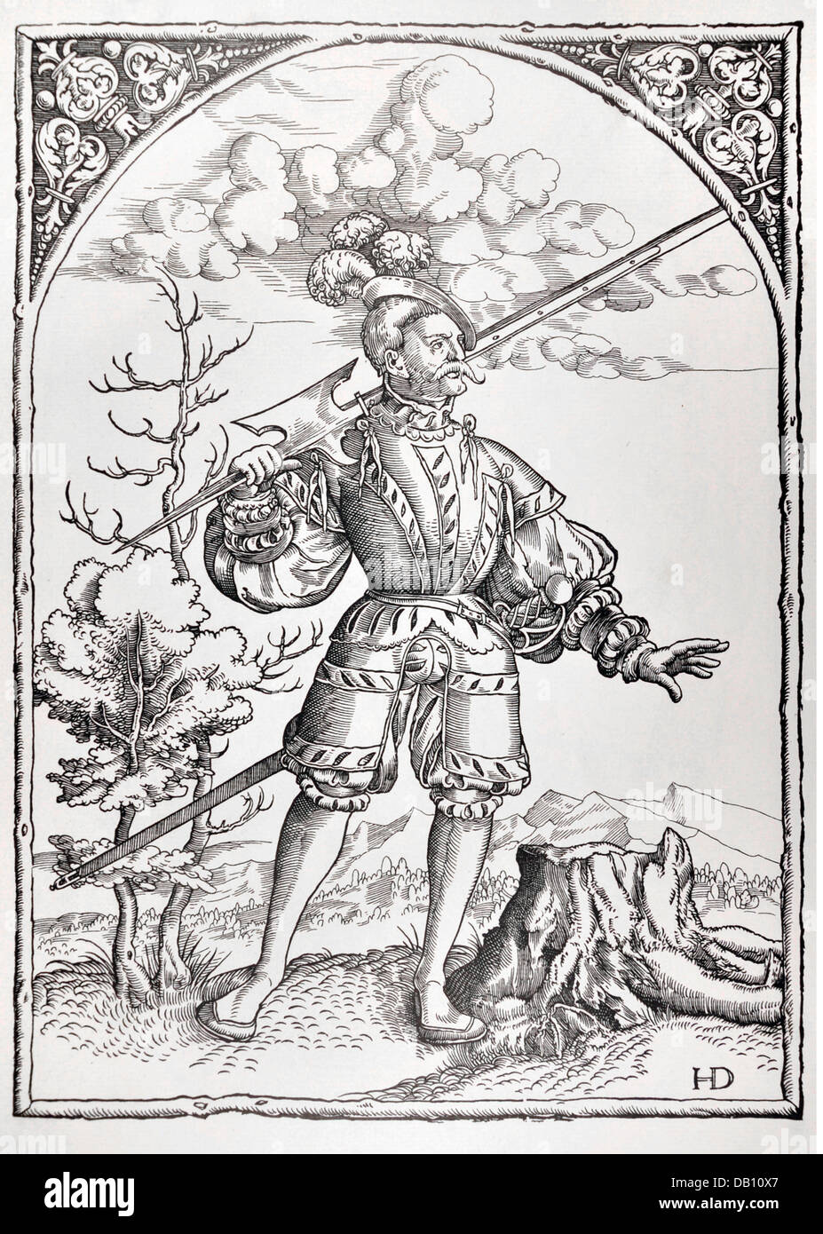 military,lansquenets,leader of the lansquenets,full length,standing,woodcut,by H.D.,circa 1545,from: Warriors of his Roman Imperial Majesty at the age of the lansquenets,edited by August Johann Count Breuner von Enkevoirt,Vienna 1883,16th century,fine arts,art,graphic,graphics,Holy Roman Empire,soldier,soldiers,clothes,hat,hats,beret,berets,plume,panache,moustache,mustache,moustaches,mustaches,walrus moustache,walrus moustaches,moustache,mustache,moustaches,mustaches,suit of armour,armour,armor,breeches,knee breeches,weap,Additional-Rights-Clearences-Not Available Stock Photo