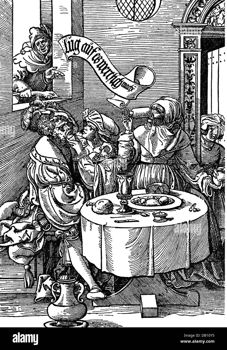 gastronomy,inns,scene at a tavern,woodcut,Augsburg,early 16th century,16th century,graphic,graphics,inns,bar,bars,pub room,table,tables,table cloth,tablecloth,table cloths,tablecloths,plate,plates,mug,cup,mugs,cups,guest,guests,sitting,sit,clothes,outfit,outfits,hat,hats,beret,berets,feather,feathers,beard,beards,doublet,jerkin,knee breeches,carafe,decanter,decanters,seduction,seductions,seduce,seducing,drinking,drink,thefts,grand theft,thieving,thieve,stealing,steal,deception,deceive,deceiving,trick,,Additional-Rights-Clearences-Not Available Stock Photo
