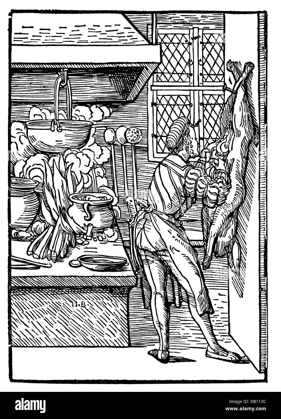 gastronomy, cook, chef disemboweling a rabbit, woodcut, by Hans Burgkmair the Elder (1473 - 1531), from: Johann Geiler von Kaysersberg, 'Das Buch Granatapfel', Augsburg, 1510, Additional-Rights-Clearences-Not Available Stock Photo