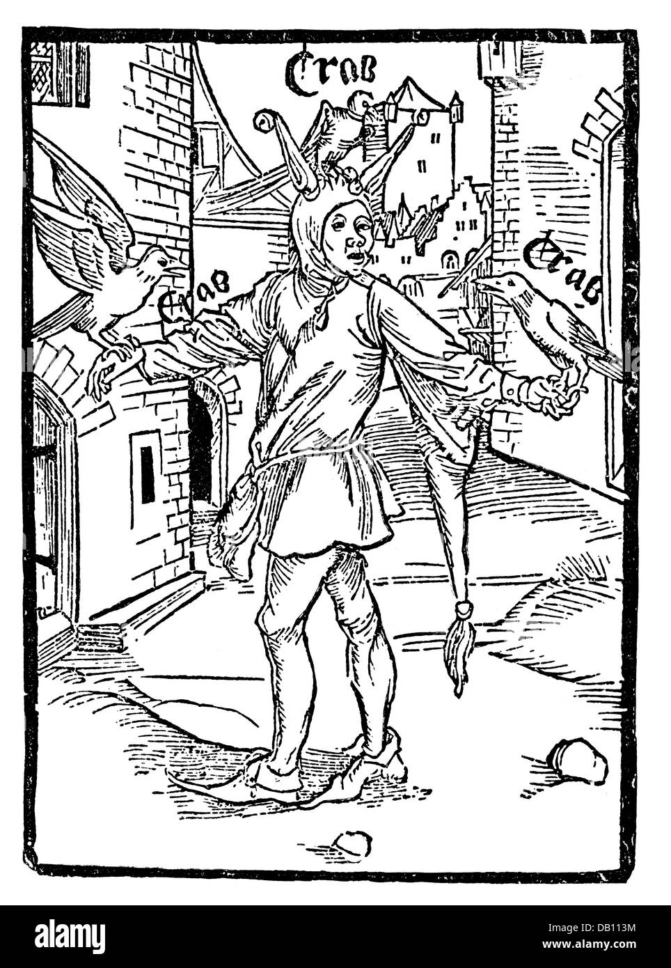 people, profession, jester, full length, with three crows, woodcut, by Albrecht Dürer (1471 - 1528), from: Johann Geiler von Kaysersberg, 'Navicula sive speculum fatuorum', Strasbourg, 16.1.1511, Artist's Copyright has not to be cleared Stock Photo