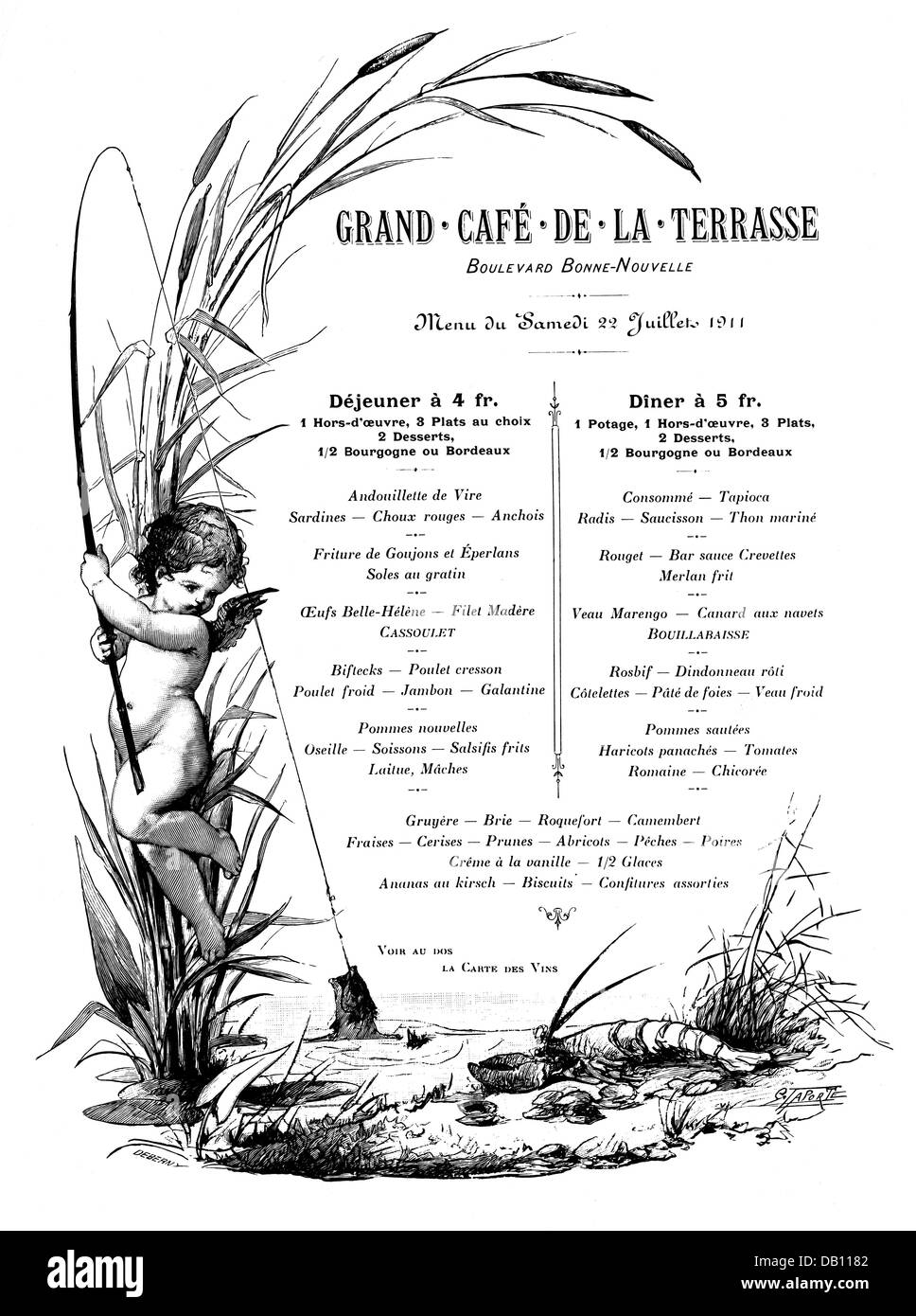 gastronomy, menu, lunch menu and dinner menu, 'Grand Cafe de la Terrasse', Boulevard Bonne-Nouvelle, Paris, design: G.Laporte, 22.7.1911, Additional-Rights-Clearences-Not Available Stock Photo