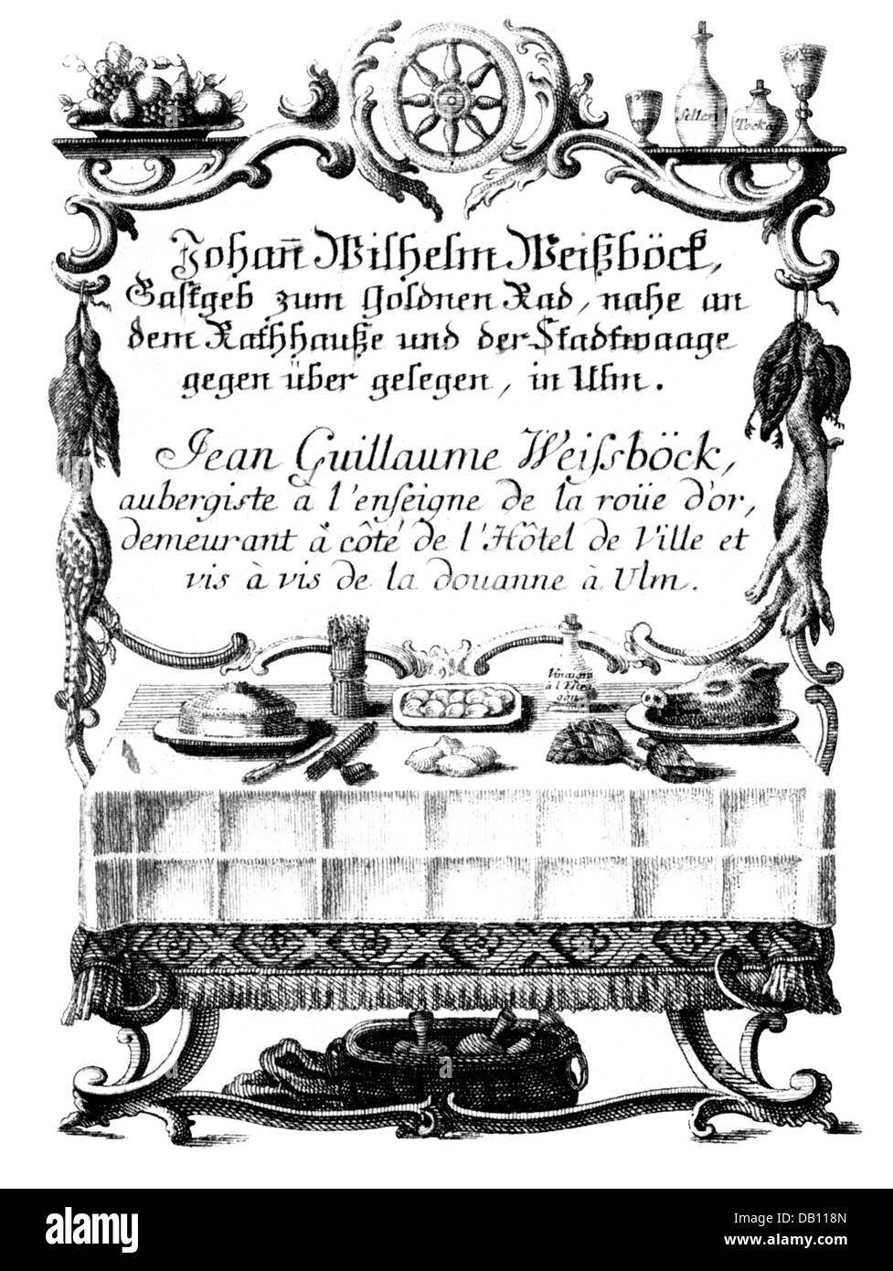 gastronomy, hotels, 'Goldenes Rad' in Ulm, promotional leaflet, engraving, circa 1800, Additional-Rights-Clearences-Not Available Stock Photo