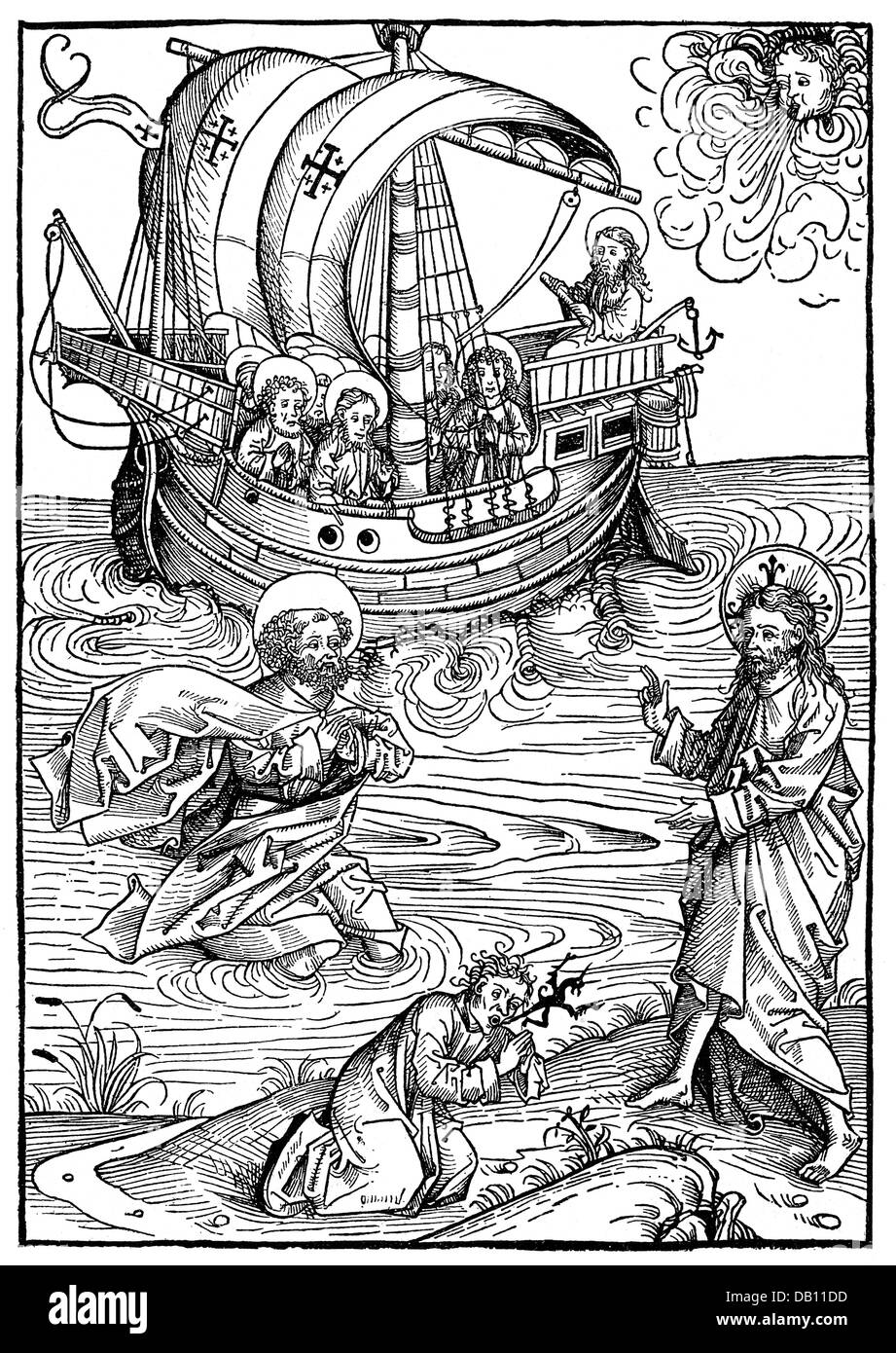 transport / transportation,navigation,Middle Ages,Hanse,Hanseatic cog,scene with Jesus and St. Peter in foreground,woodcut,15th century,15th century,graphic,graphics,medieval,mediaeval,sailing ship,sailing ships,cog,cogs,trading company,trading companies,general partnership,half length,religion,religions,Christianity,biblical scene,biblical scenes,biblical story,biblical stories,disciple,follower,disciples,followers,Jesus Christ,blessing,bless,Peter,water,sea,seas,possessed,demon,daemon,demons,daemons,transport,trans,Additional-Rights-Clearences-Not Available Stock Photo