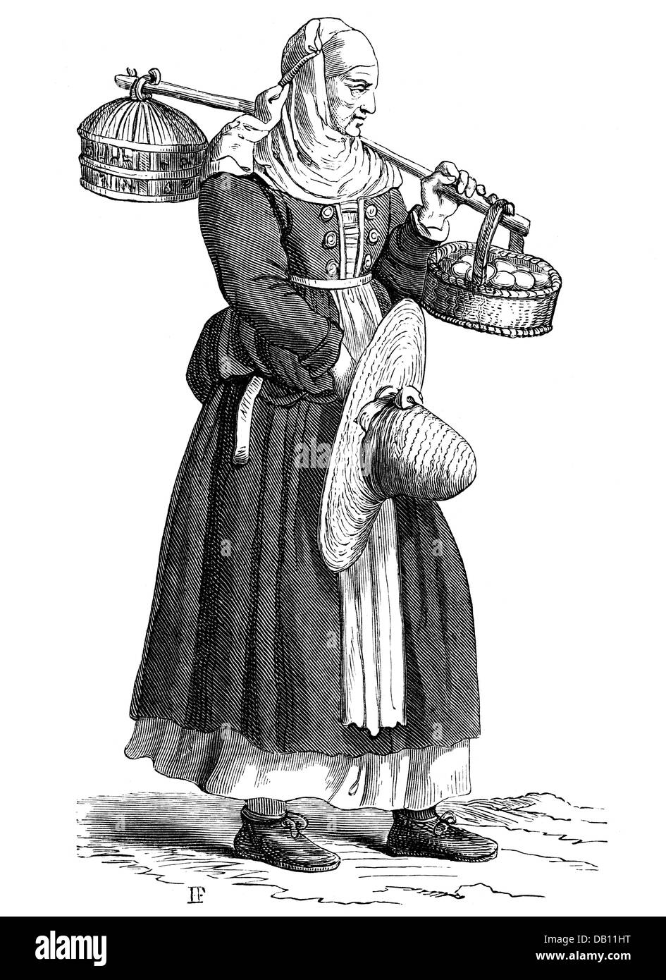 trade, merchants, female egg vendor, after Cesare Vecellio (circa 1521 - 1610), woodcut, 16th century, 16th century, graphic, graphics, profession, professions, merchants, vendor, vender, vendors, venders, saleswoman, saleswomen, salesladies, merchant, full length, walking, walk, going, go, carrying, carry, basket, baskets, clothes, outfit, outfits, bonnet, bonnets, dress, dresses, hat, hats, foodstuff, victuals, nourishment, nourishments, food, trader, traders, egg, eggs, woodcut, woodcuts, historic, historical, female, woman, people, women, Additional-Rights-Clearences-Not Available Stock Photo