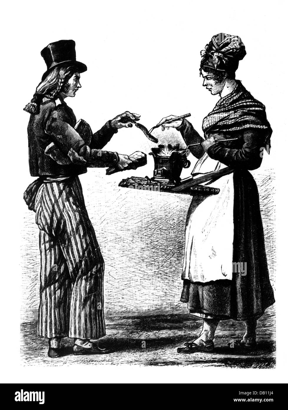 trade,merchant,female vendor of sausages,after Charles Vernet(1758 - 1836),18th century,wood engraving,by Huyot,19th century,18th century,graphic,graphics,France,Directoire,profession,professions,merchants,vendor,vender,vendors,venders,saleswoman,saleswomen,salesladies,merchant,full length,standing,carrying,carry,vendor's tray,vendor's trays,bangers,clothes,outfit,outfits,bonnet,bonnets,dress,dresses,apron,aprons,buyer,tophat,top hat,tophats,top-hat,topper,high hat,top-hats,toppers,high hats,foodstuff,victuals,Additional-Rights-Clearences-Not Available Stock Photo