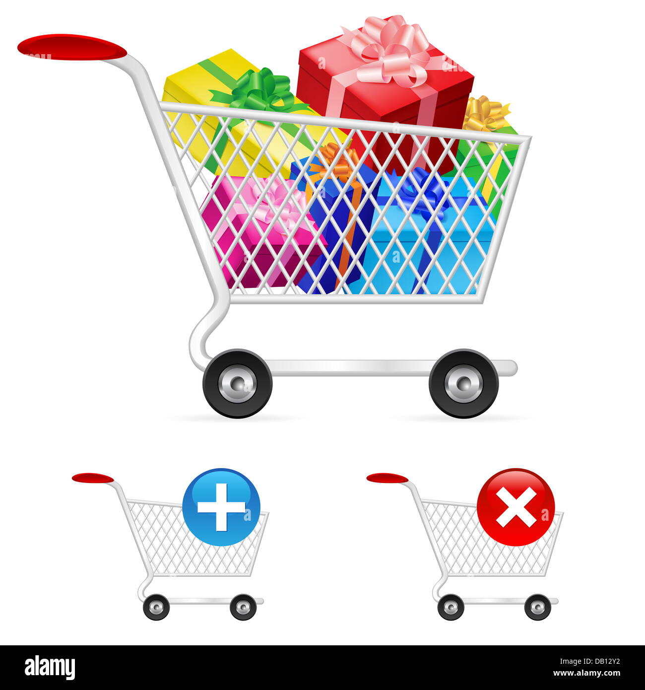 Shopping cart full of shopping gift boxes. Illustration on white Stock ...