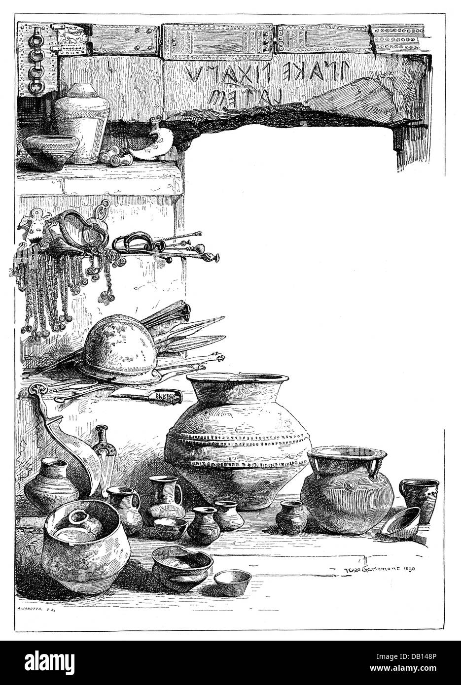 ancient world, Etruscans, stone with inscription, jewellery, weapons, pottery vessels, found in Tyrol, wood engraving, by Hugo Charlemont, 1890, Additional-Rights-Clearences-Not Available Stock Photo