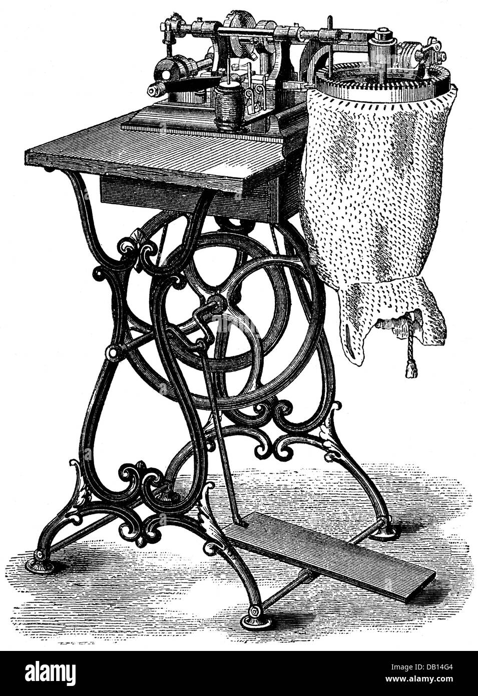 household, sewing and sewing machines, circular sewing machine, made by: C.Terrot, Chemnitz, wood engraving, 19th century, 19th century, graphic, graphics, engineering, technology, technologies, progress, sewing, sew, household, households, sewing machine, sewing machines, circular knitting machine, knitting machines, historic, historical, Additional-Rights-Clearences-Not Available Stock Photo