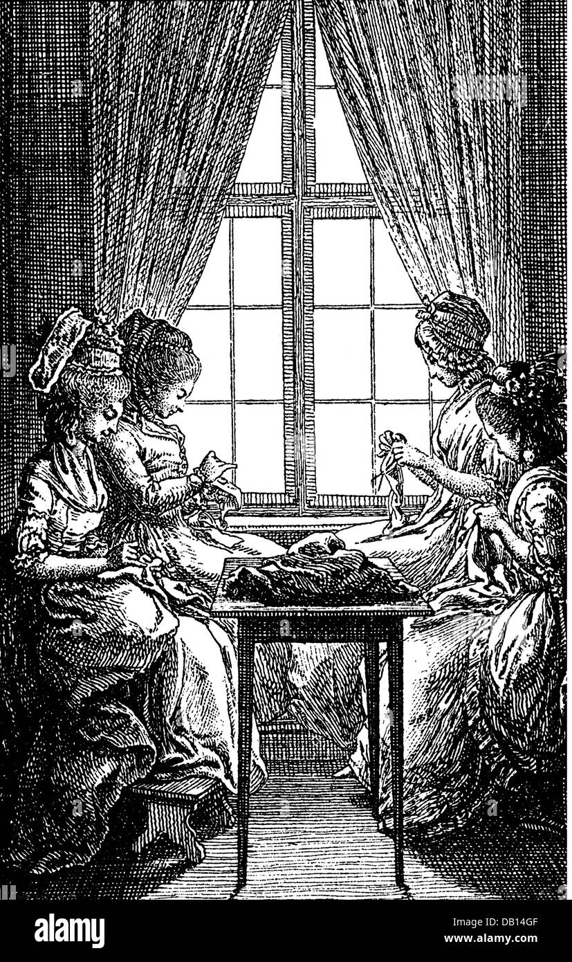 household, sewing and sewing machines, women sewing, by Daniel Chodowiecki (1726 - 1801), from the series 'Occupations des Dames', copper engraving, 1781, Artist's Copyright has not to be cleared Stock Photo