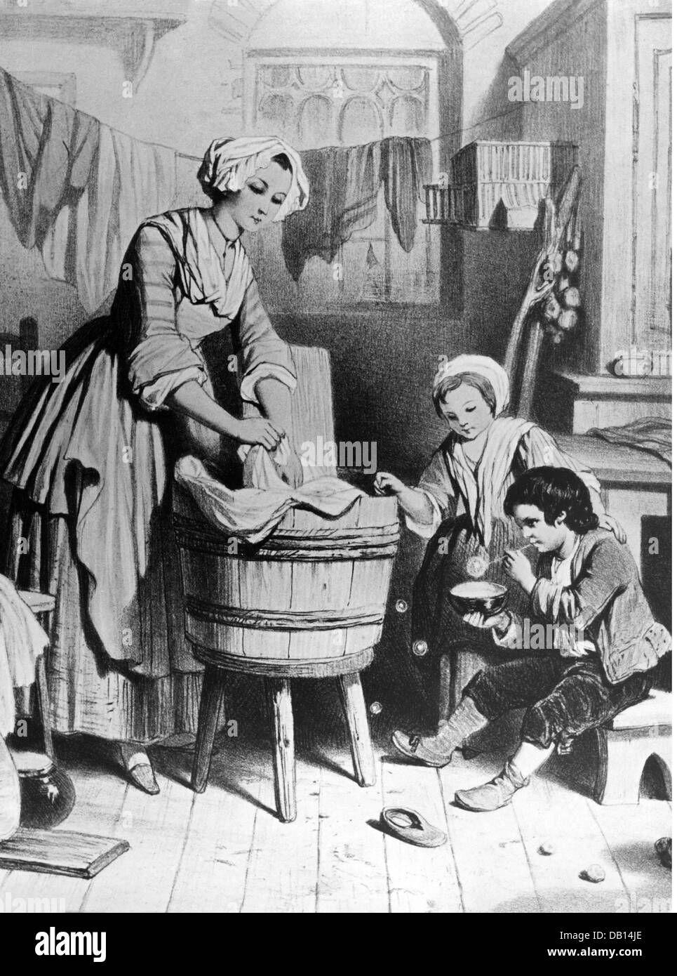 household,washing,woman washing the laundry in the tub,wood engraving,19th century,19th century,graphic,graphics,household,households,domestic work,housework,household chores,do the chores,housekeep,housewife,housewives,homemaker,half length,standing,tub,laundry,laundering,launder,clothesline,clotheslines,drying,dry,mother,mothers,daughter,daughters,son,sons,sitting,sit,bowl,bowls,soap dish,soap dishes,soap bubble,soapbubble,soap bubbles,soapbubbles,fun,practical joke,hoax,prank,trick,pranks,tricks,washing,was,Additional-Rights-Clearences-Not Available Stock Photo