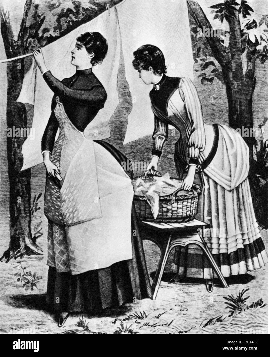 household,laundry washing,housewifes hanging laundry on the clothesline,wood engraving,19th century,19th century,graphic,graphics,household,households,domestic work,housework,household chores,do the chores,housekeep,half length,standing,clothesline,clotheslines,line,lines,hanging,hang,cloth,cloths,bag,bags,clothes peg,clothes pin,clothespin,clothes pegs,clothes pins,clothespins,laundry basket,linen basket,hamper,laundry baskets,linen baskets,hampers,drying,dry,washing,wash,housewife,housewives,homemaker,historic,hi,Additional-Rights-Clearences-Not Available Stock Photo