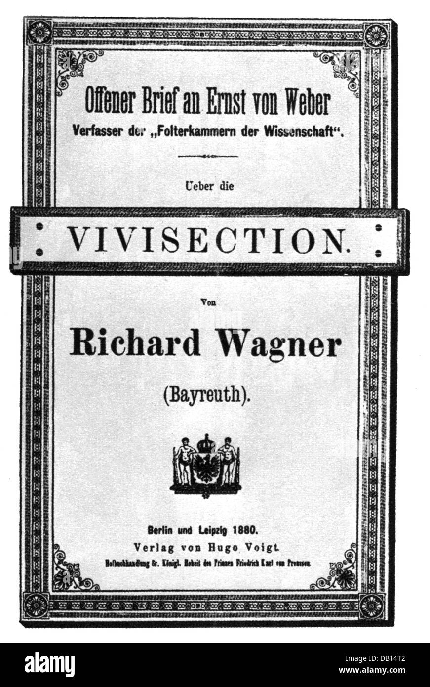 Wagner, Richard, 22.5.1813 - 13.2.1883, German composer, open letter, about vivisection, title, Berlin - Leipzig, 1880, Stock Photo