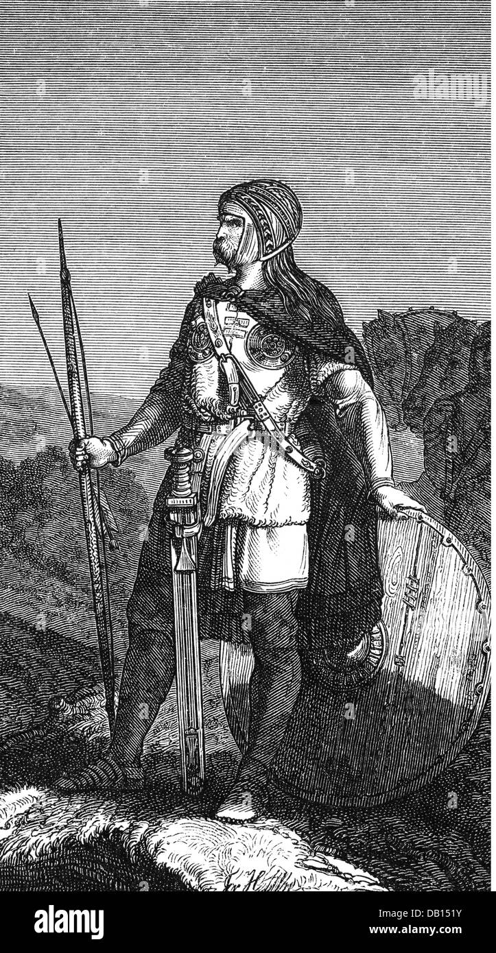 ancient world, Germanics, people, Germanic warrior, wood engraving, 19th century, military, man, men, weapons, arms, weapon, arm, round shield, shields, sword, swords, arrow, arrows, arch, arches, historic, historical, ancient world, male, Additional-Rights-Clearences-Not Available Stock Photo