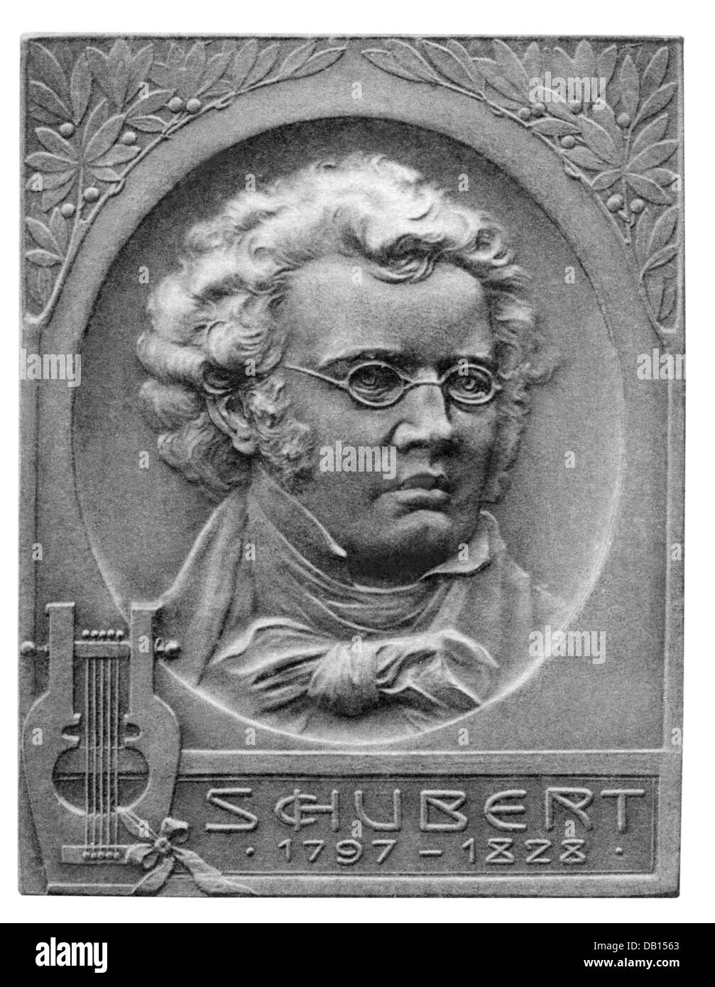 Schubert, Franz, 31.1.1797 - 19.11.1828, Austrian composer, portrait, badge, Stuttgarter Metallwarenfabrik Mayer & Wilhelm, famous men series, Stuttgart, circa 1900, Stock Photo