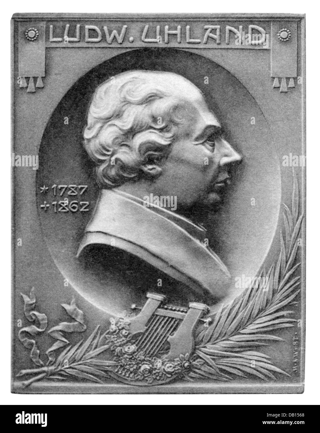 Uhland, Johann Ludwig, 26.4.1787 - 13.11.1862, German author / writer, portrait, badge, Stuttgarter Metallwarenfabrik Mayer & Wilhelm, famous men series, Stuttgart, circa 1900, Stock Photo