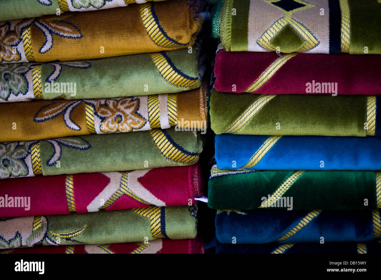 Colorful cloth display, Souq al-Alawi market in Old Jeddah (Al-Balad), Jeddah, Saudi Arabia. Stock Photo