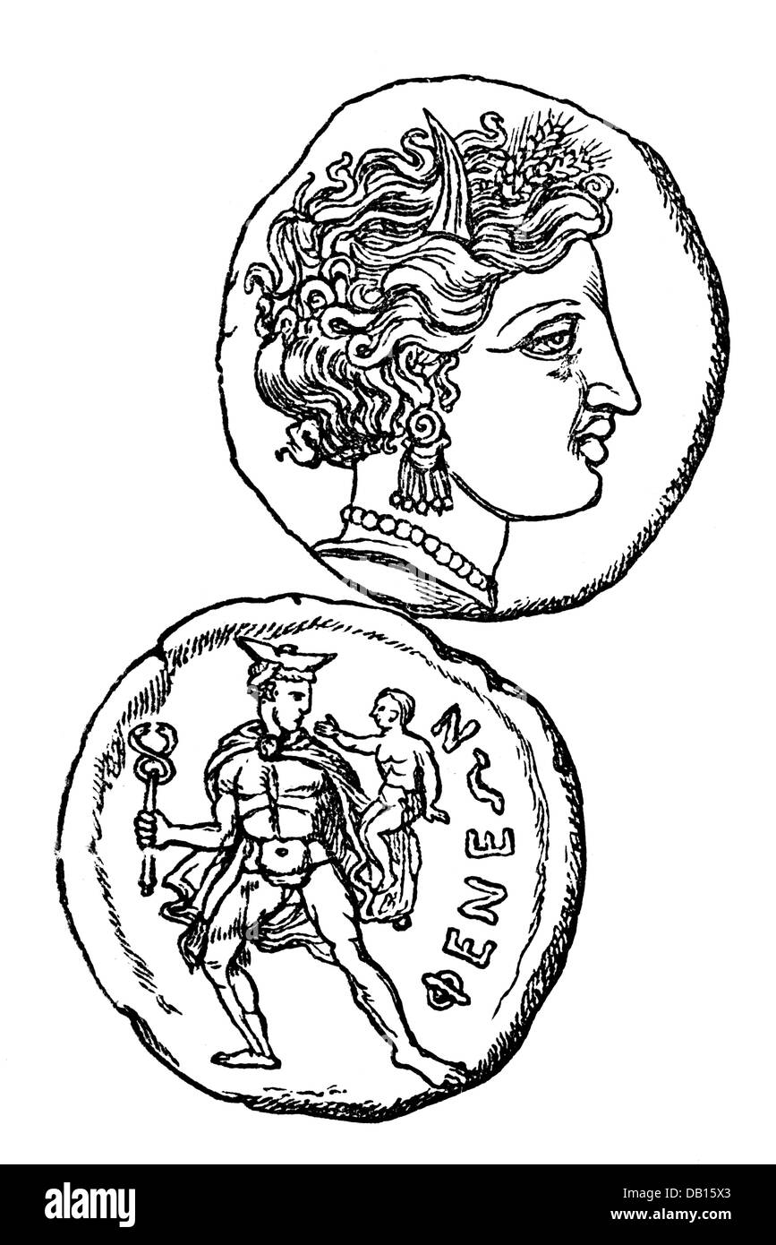 money / finances, coins, Greece, Pheneos, coin, 4th century BC, wood engraving, 19th century, ancient world, ancient times, numismatics, Arcadia, Arkadia, portrait, profile, side-face, profiles, religion, religions, nymph, nymphs, deity, divinity, deities, Hermes, Arkas, inscription, epigraphs, inscriptions, coins, coin, historic, historical, female, woman, male, man, ancient world, people, women, men, Additional-Rights-Clearences-Not Available Stock Photo