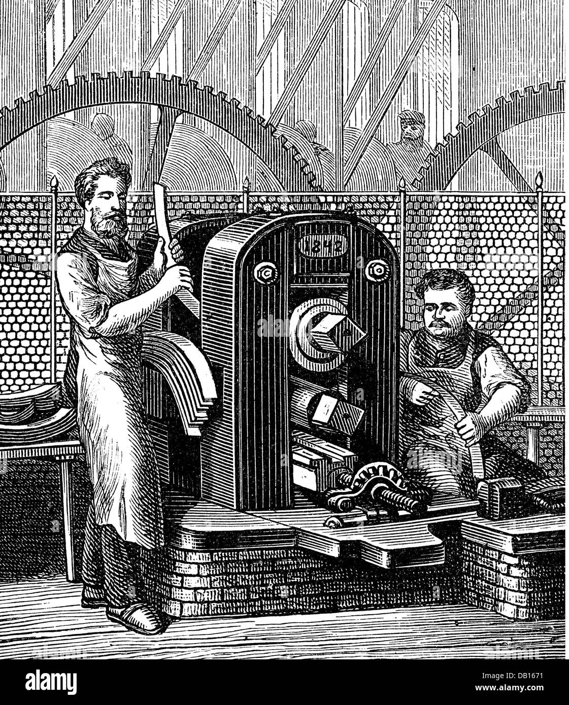 money / finances, mintage, machine for the stretching of the metal strips at the Royal Mint, Berlin, after Rob.Meinhardt, 1875, wood engraving, by Richard Brend'amour (1831 - 1915), from: 'Illustrirtes Konversations - Lexikon', Otto Spamer publishing house, Leipzig, 1870 - 1882, Additional-Rights-Clearences-Not Available Stock Photo