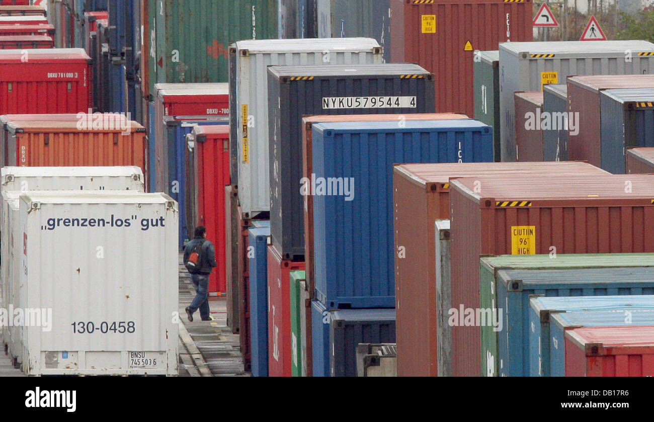 Freight containers are pictured at a goods station of Deutsche Bahn AG ...
