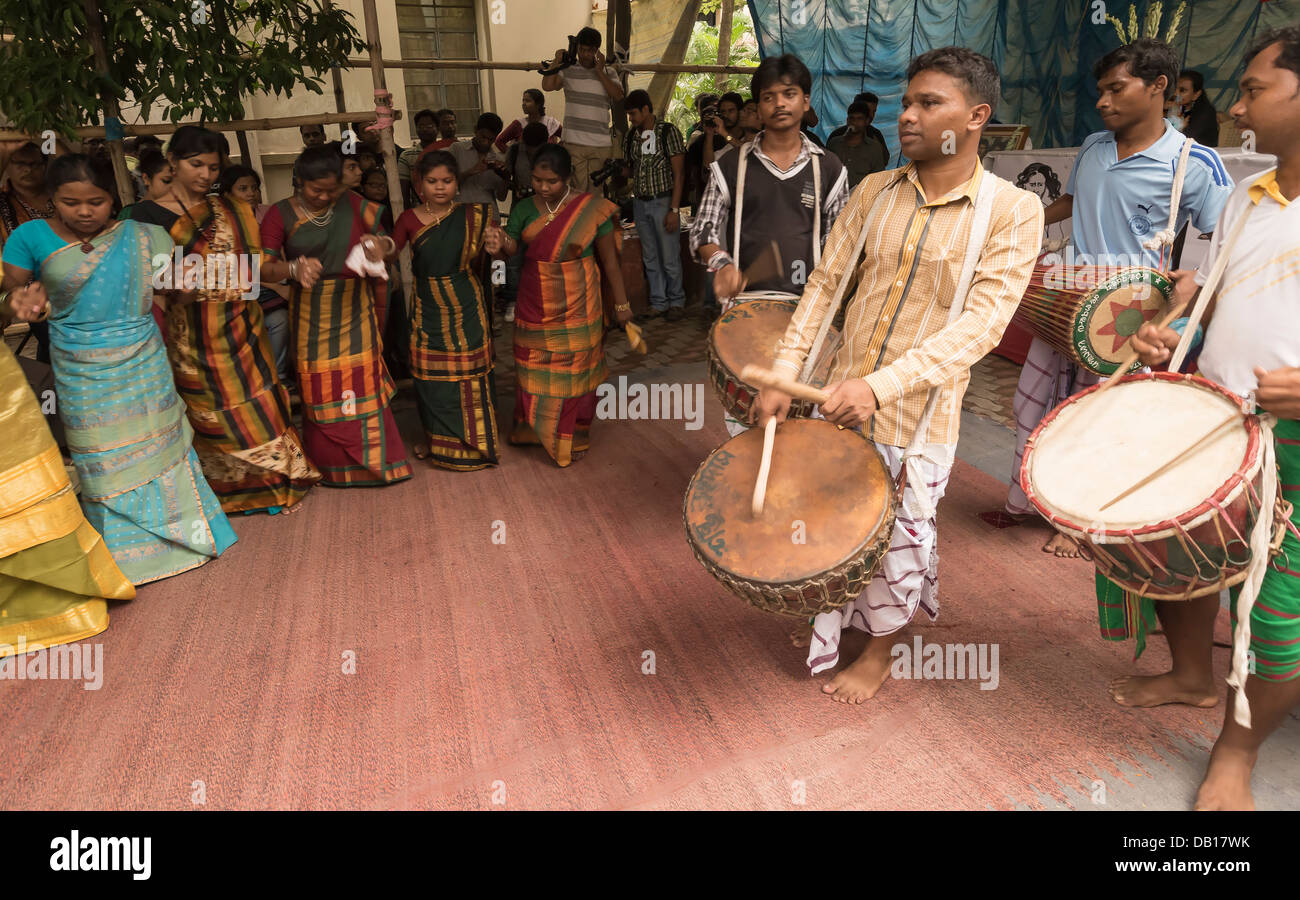 Santhal slow dance with rhythmic drum beats in a- Stock Photo