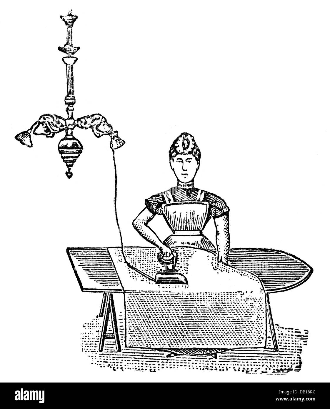 household, household appliance, electric iron, brass, polished, wood engraving, from: Friedrich Eduard Bilz, New Naturopathic Treatment, Leipzig, Germany, 1902, Additional-Rights-Clearences-Not Available Stock Photo