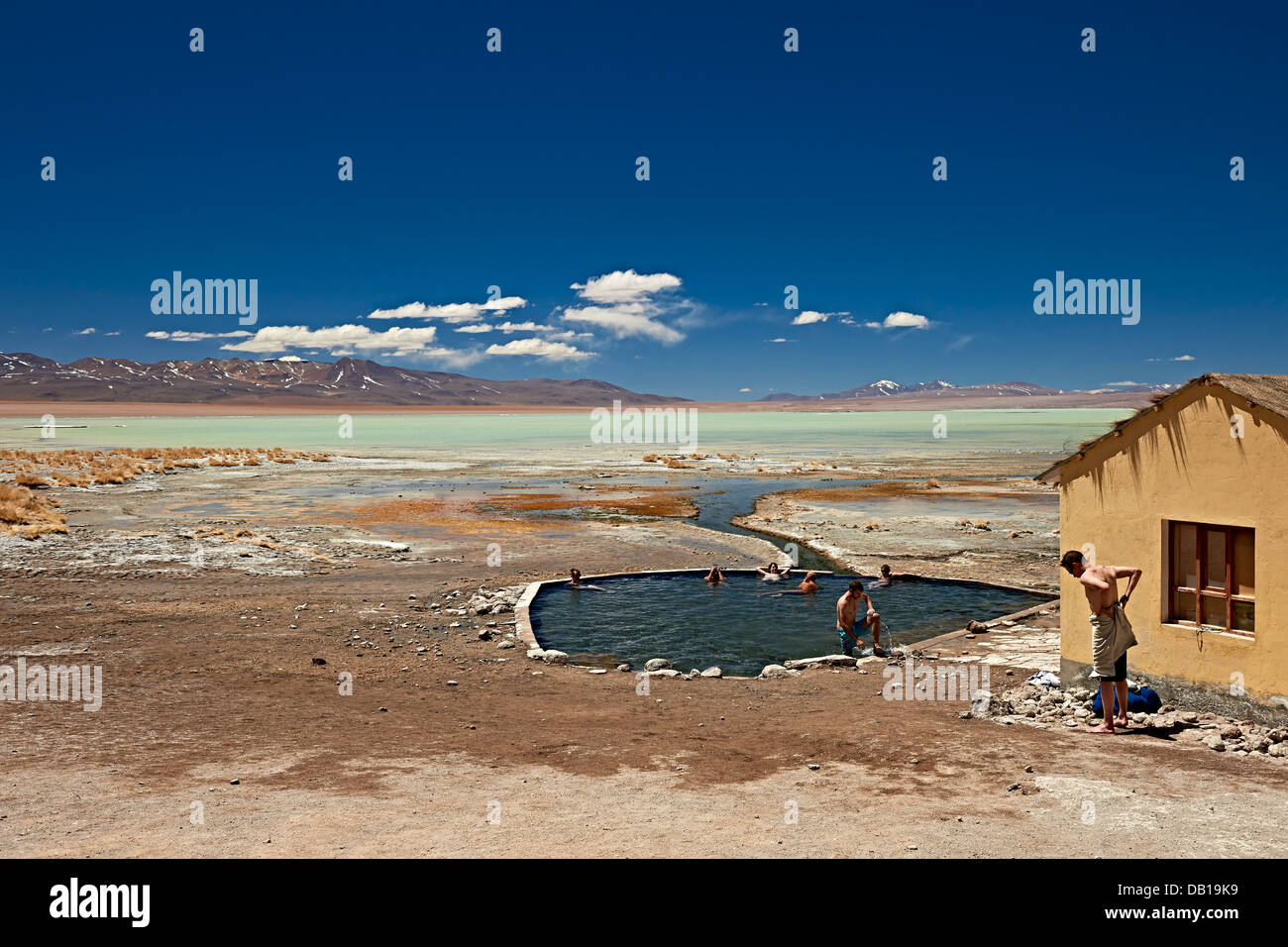 Termas de Polques hot springs (4400m) and Salar de Chalviri, Reserva Nacional de Fauna Andina Eduardo Abaroa, Bolivia Stock Photo