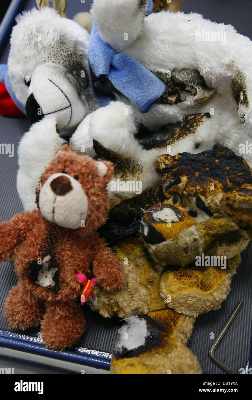 Partly burned and singed stuffed toys pictured in Mainz, Germany, 21 November 2007. The stuffd toys were treated in a conflagrative experiment conducted by the State Office for Environment, Water Management and Commercial Inspectorate. Photo: Frank May Stock Photo