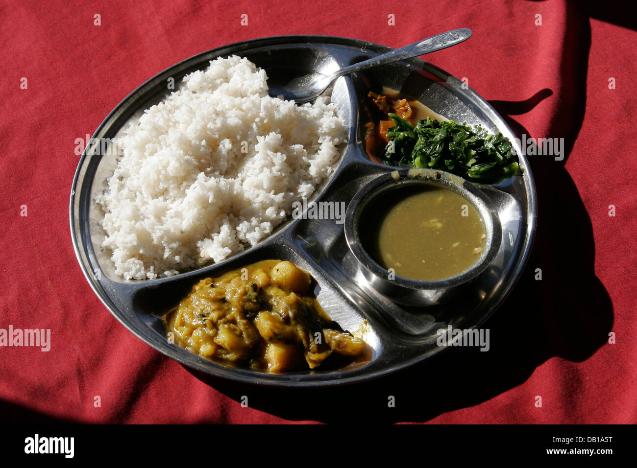 Dal bhat (rice with lentil soup and curry vegetables), typical Nepali