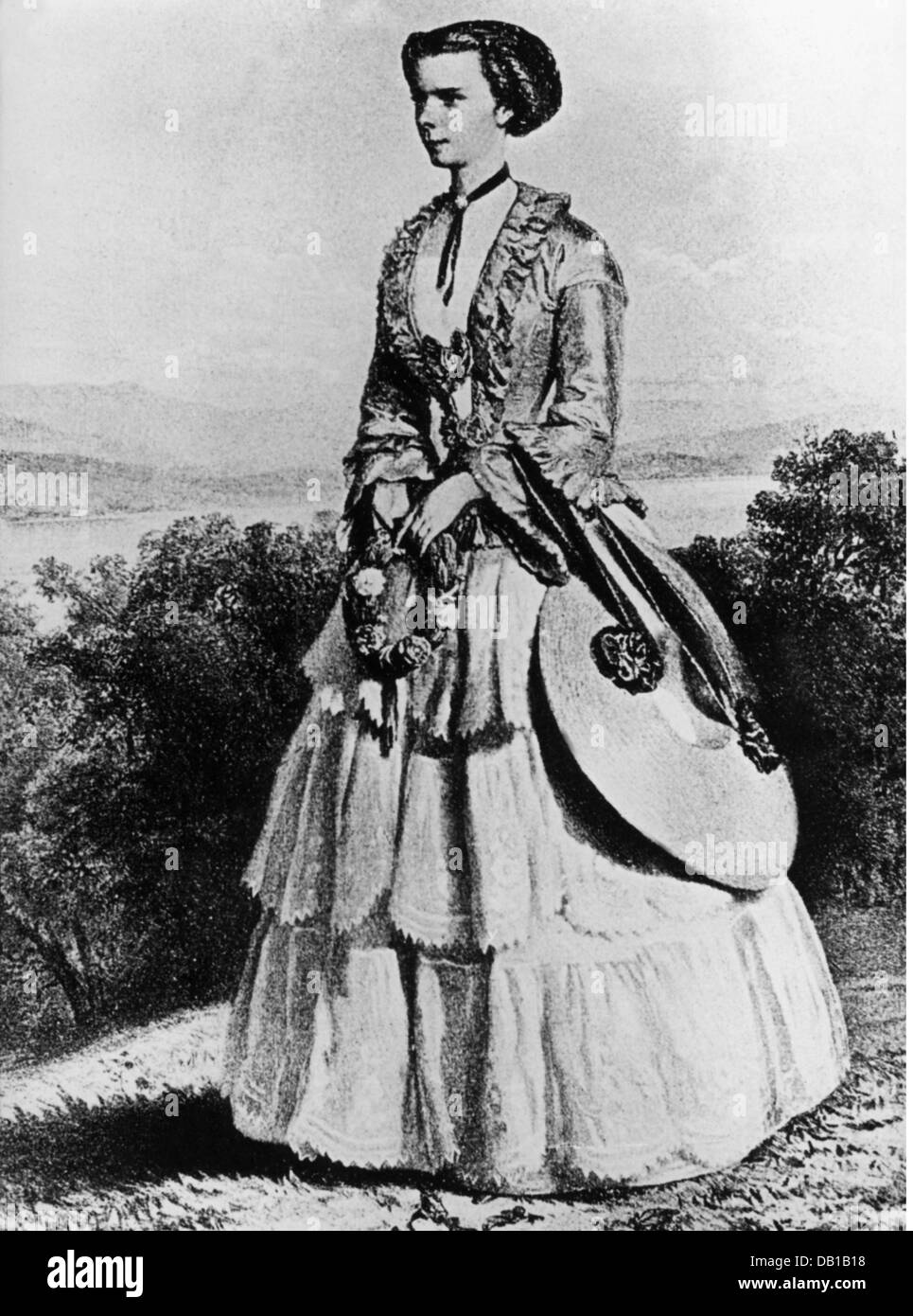 Elisabeth Amalie 'Sisi', 25.12.1837 - 9.9.1898, Empress of Austria 24.4.1854 - 9.9.1898, full length, lithograph, 1854, Stock Photo