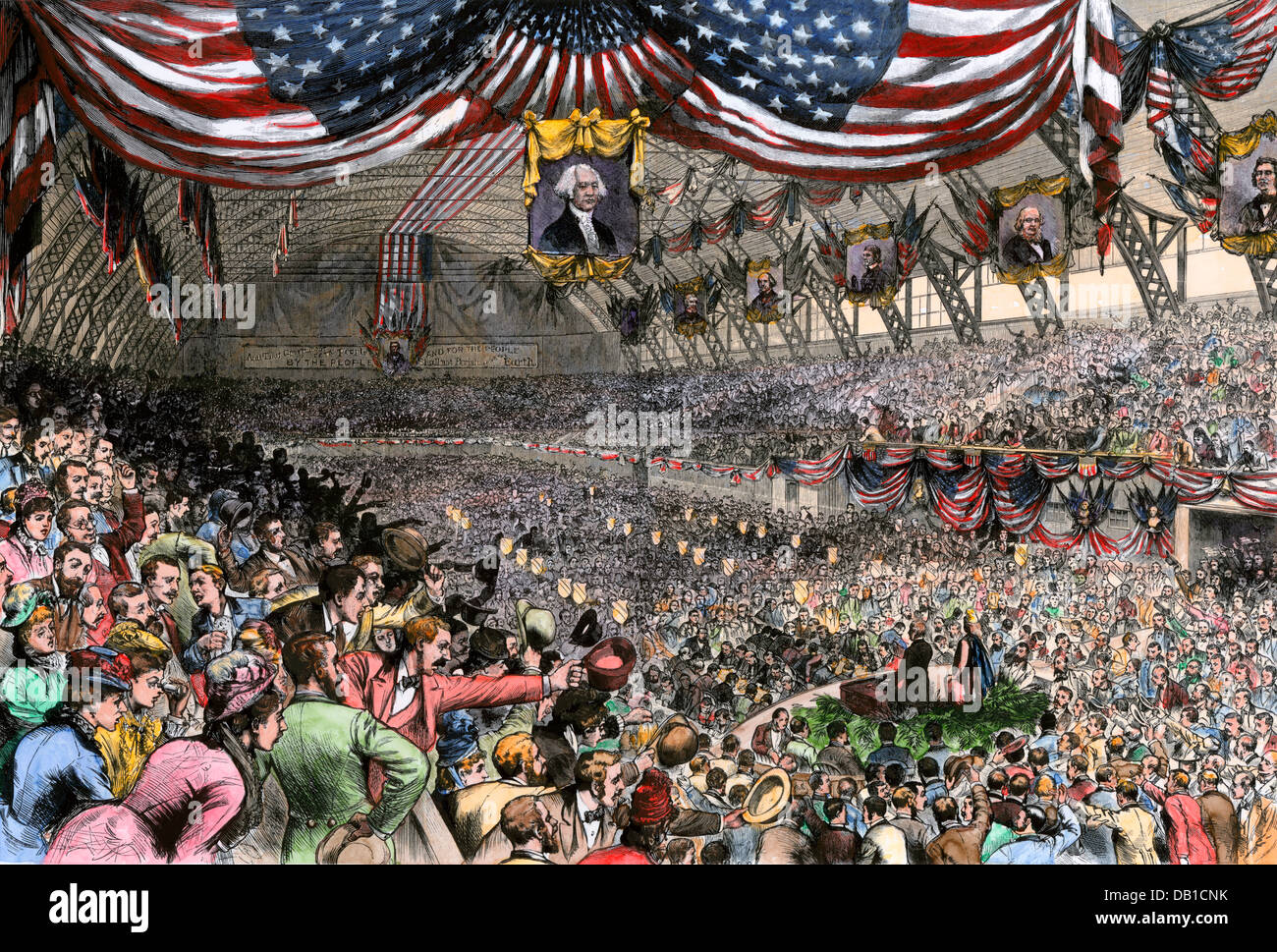 Nomination of James Garfield at the Republican Convention, Chicago, 1880. Hand-colored woodcut Stock Photo