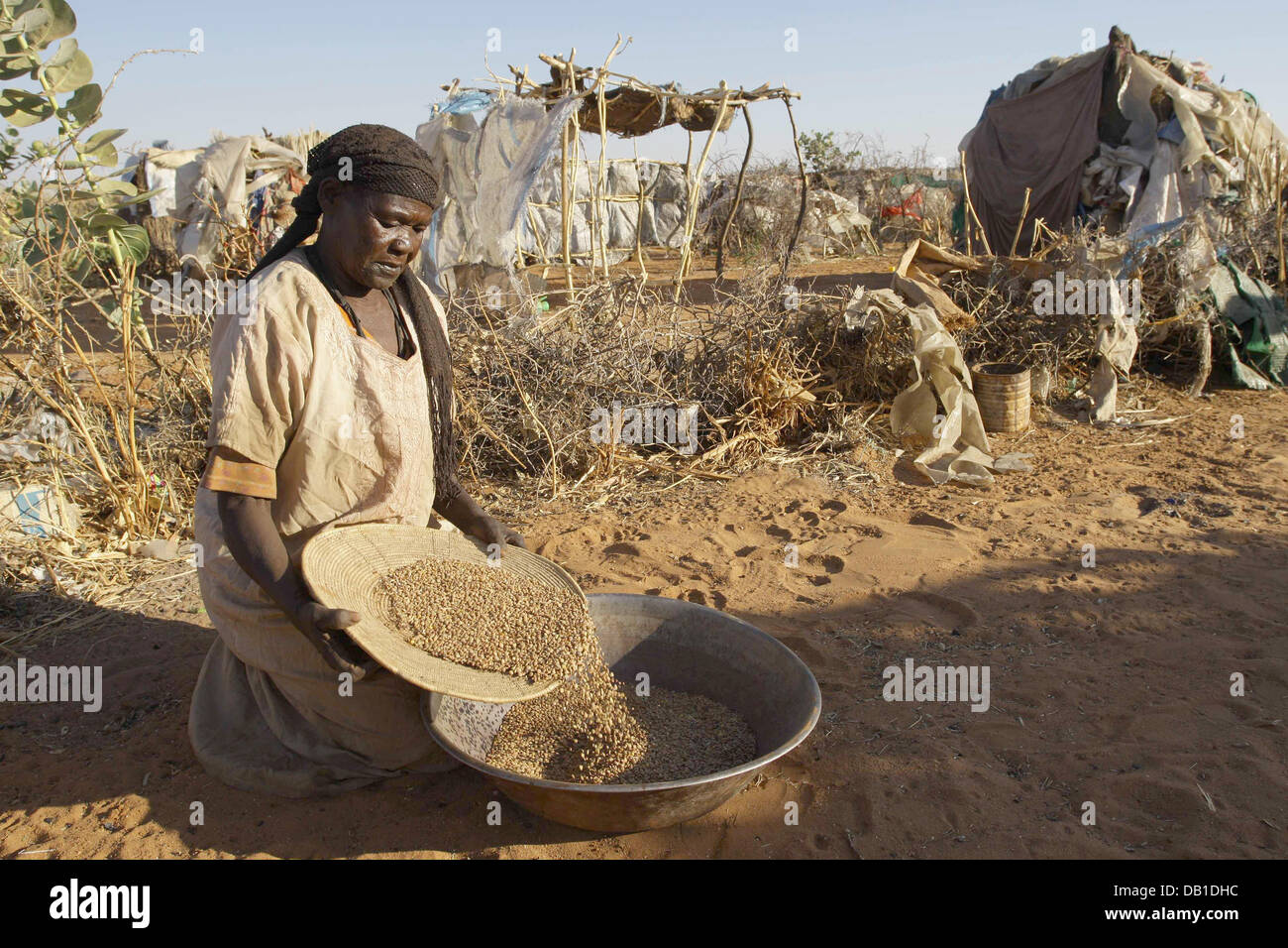 A refugees prepares crop in a refugee camp in Nyala in the Darfur region, Sudan, 12 December 2007. 35.000 refugees live in the camp. Photo: PETER STEFFEN Stock Photo
